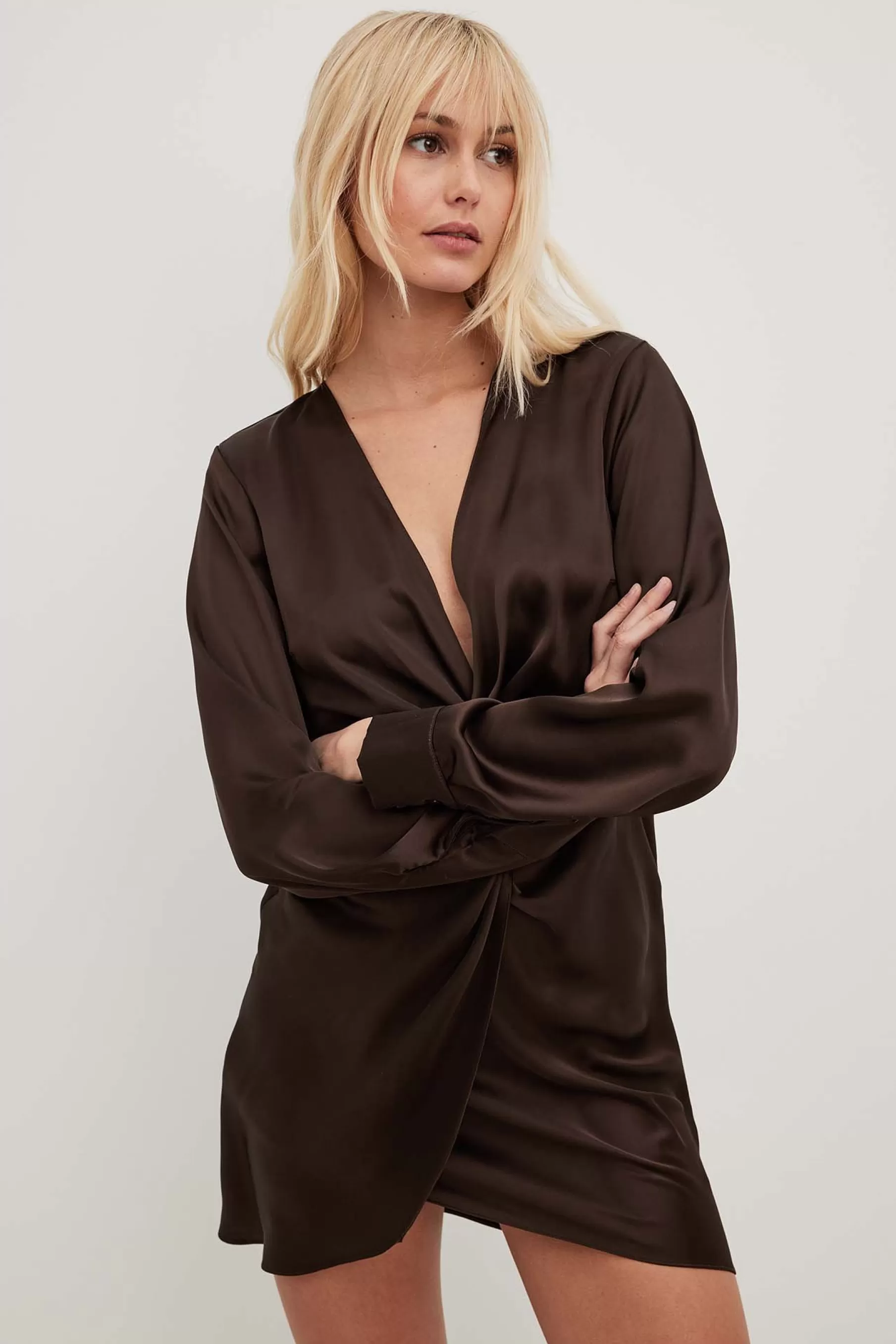 NA-KD Twist Front Shirt Dress Brown