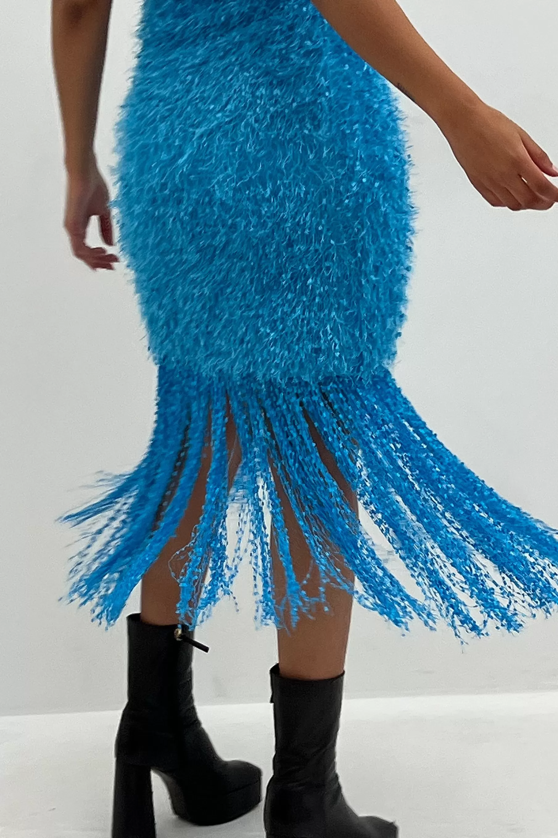 NA-KD Twist Neck Feather Fringe Dress Blue