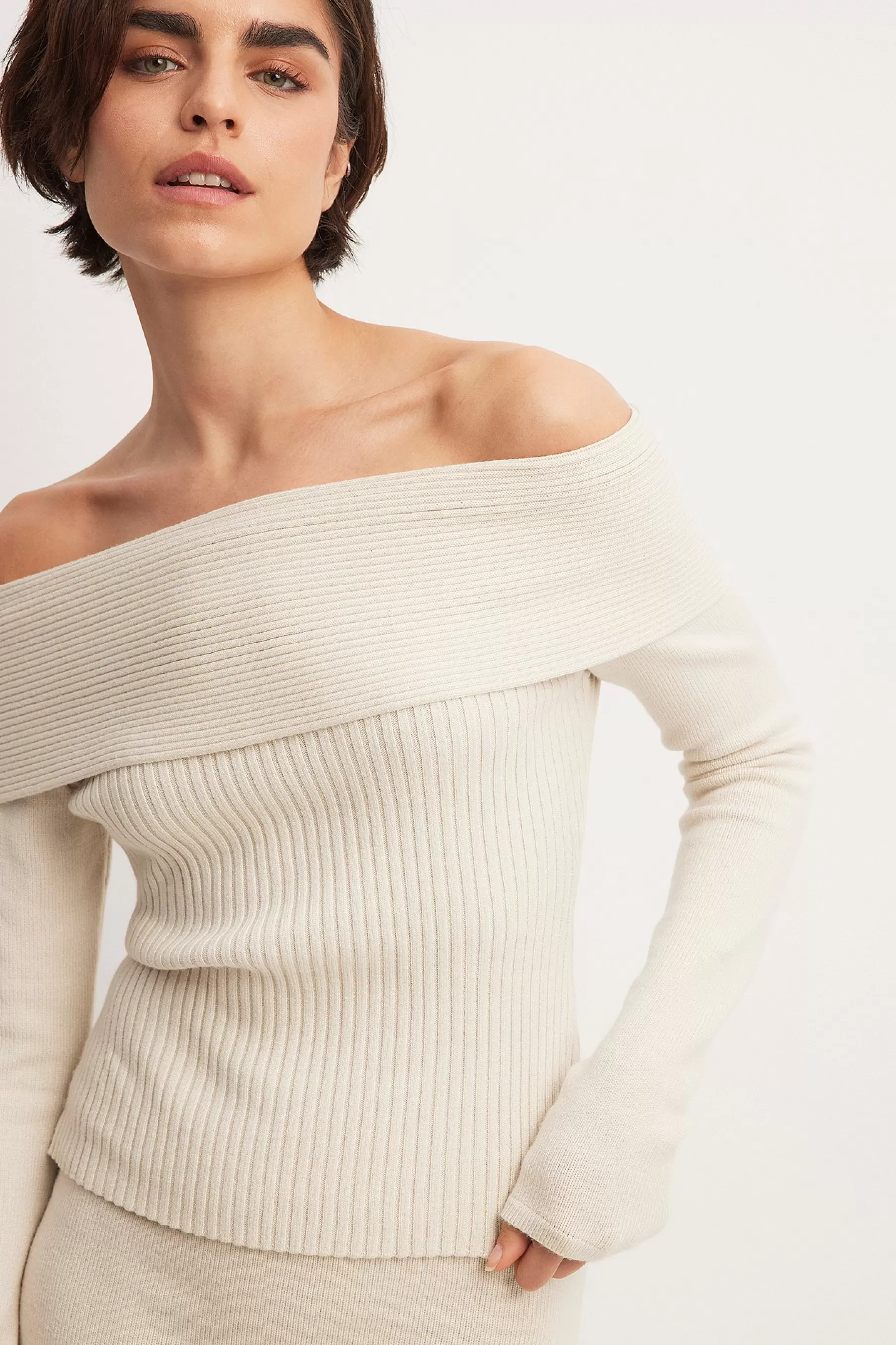 NA-KD Twisted Off Shoulder Rib Knit Sweater Beige