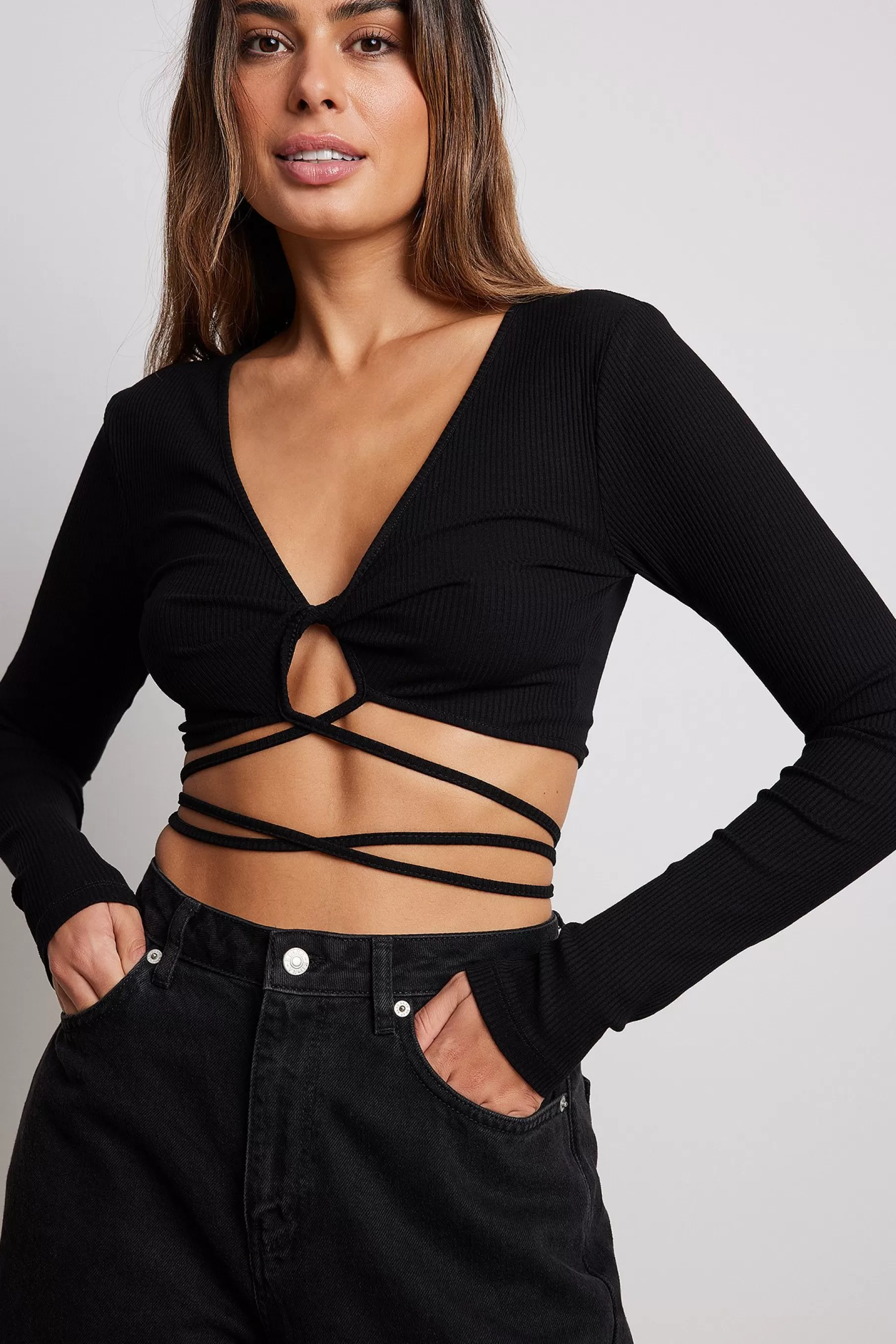 NA-KD Twisted Strap Rib Detail Top Black