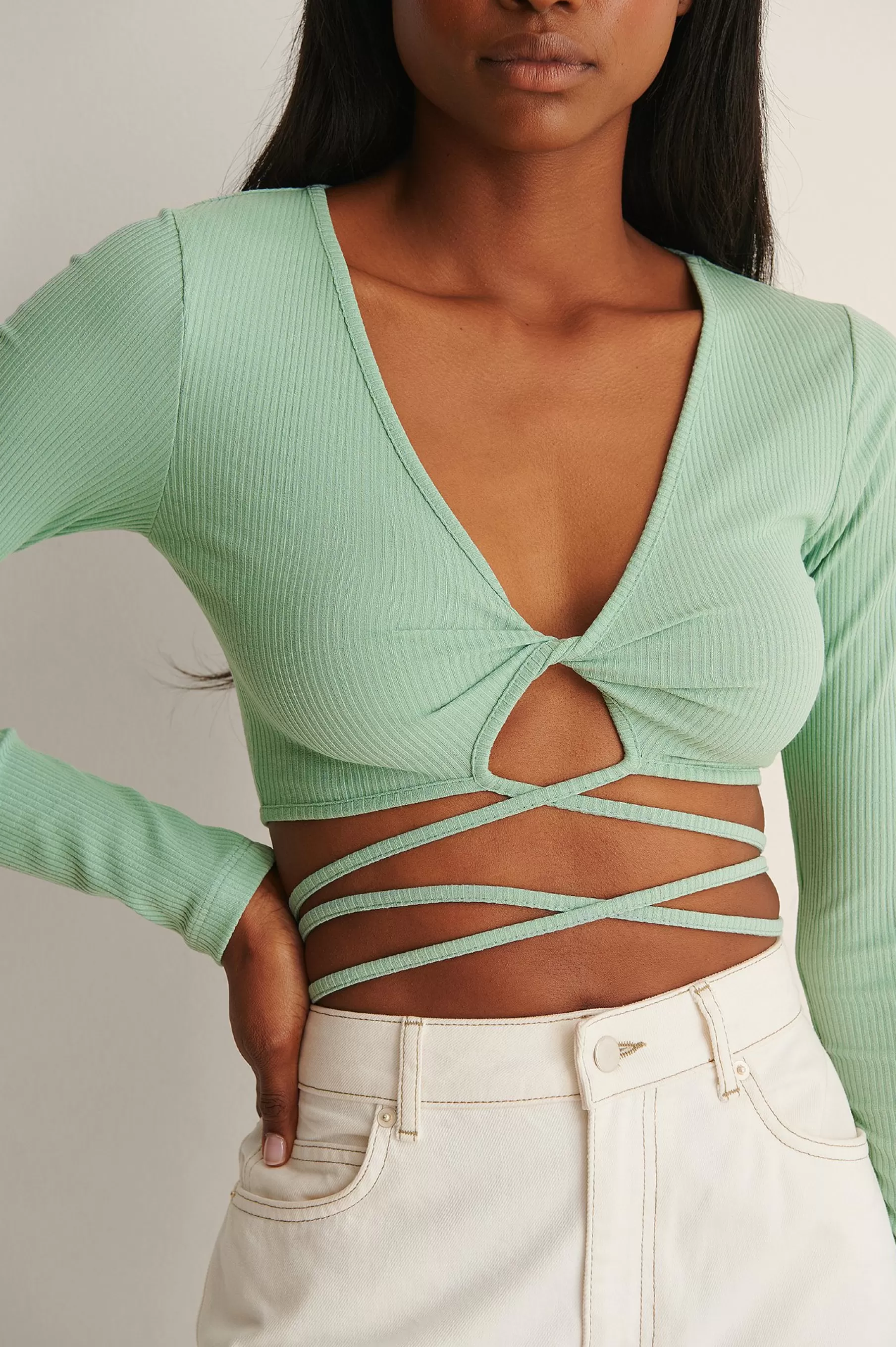 NA-KD Twisted Strap Rib Detail Top Green