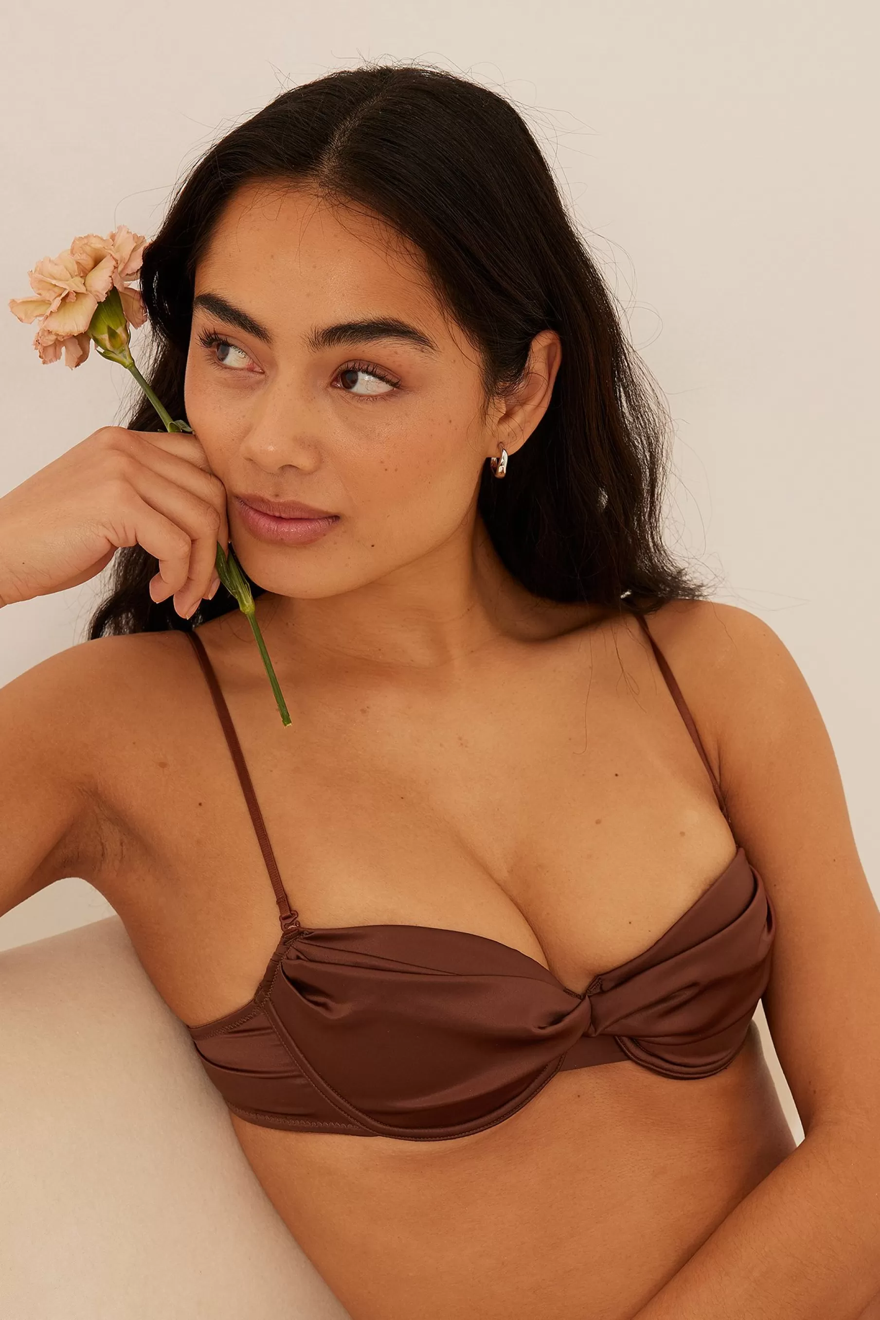 NA-KD Twisted Thin Strap Satin Bra Brown