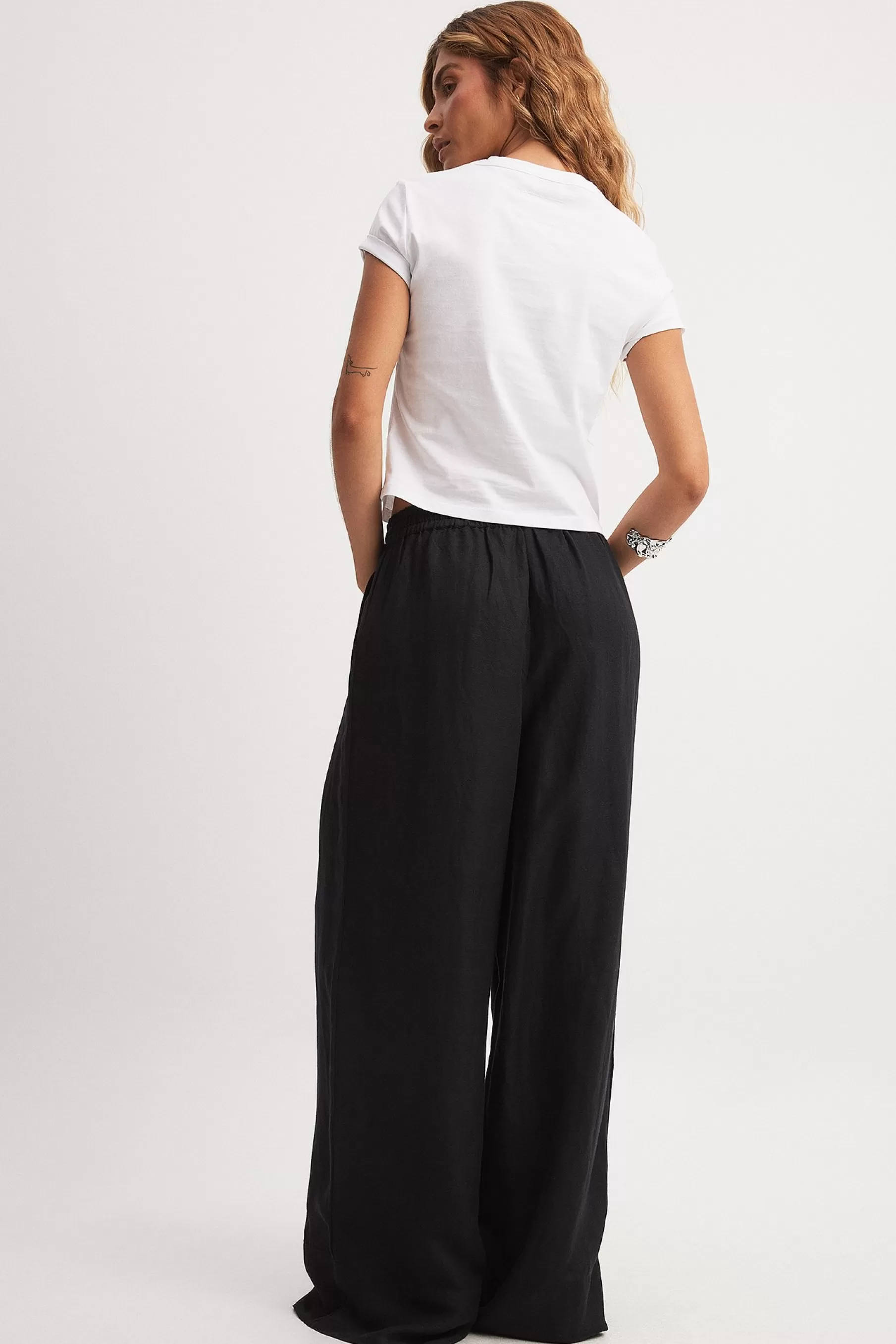 NA-KD Viscose Blend Wide Mid Waist Pants Black