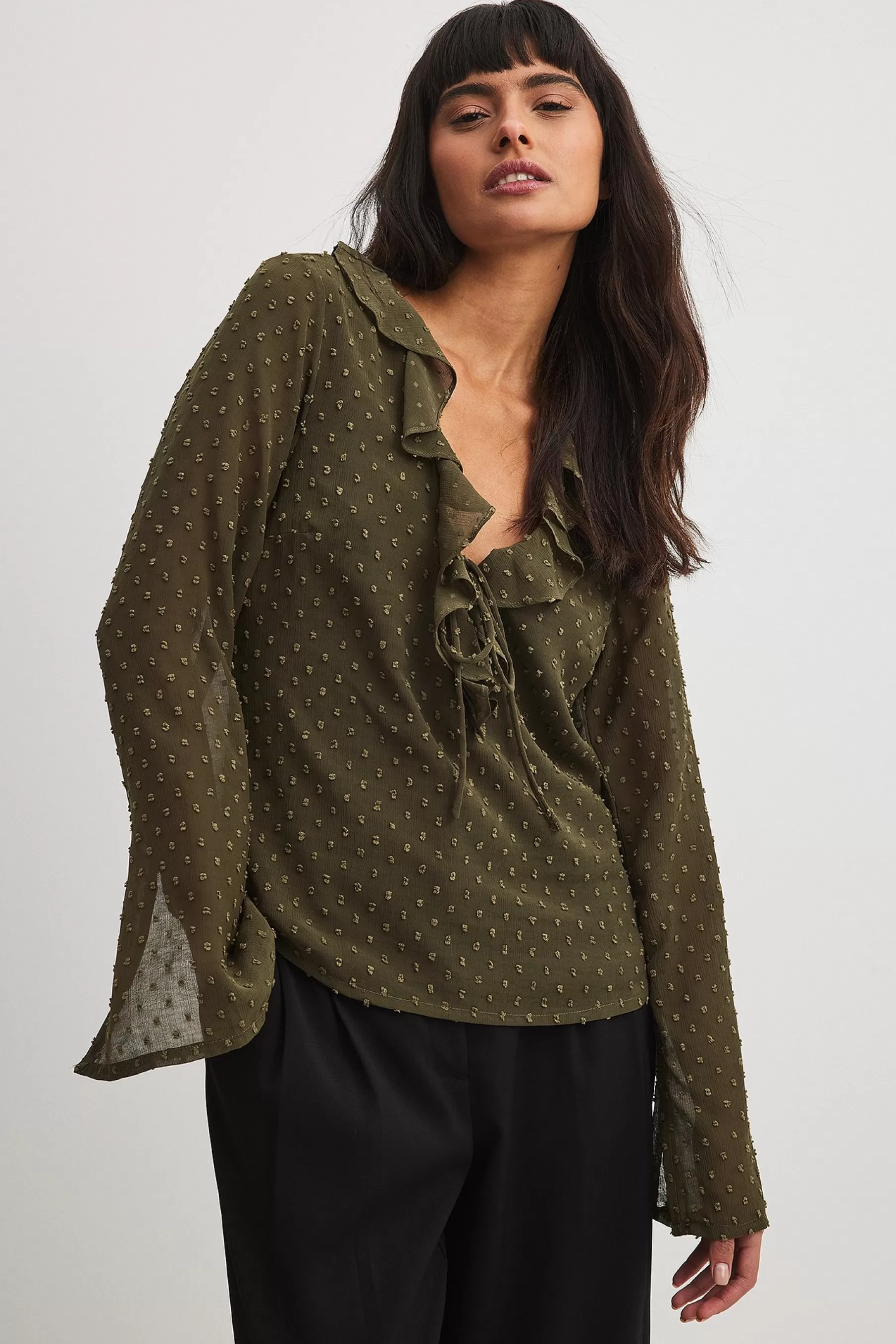 NA-KD V-neck Frill Blouse Green