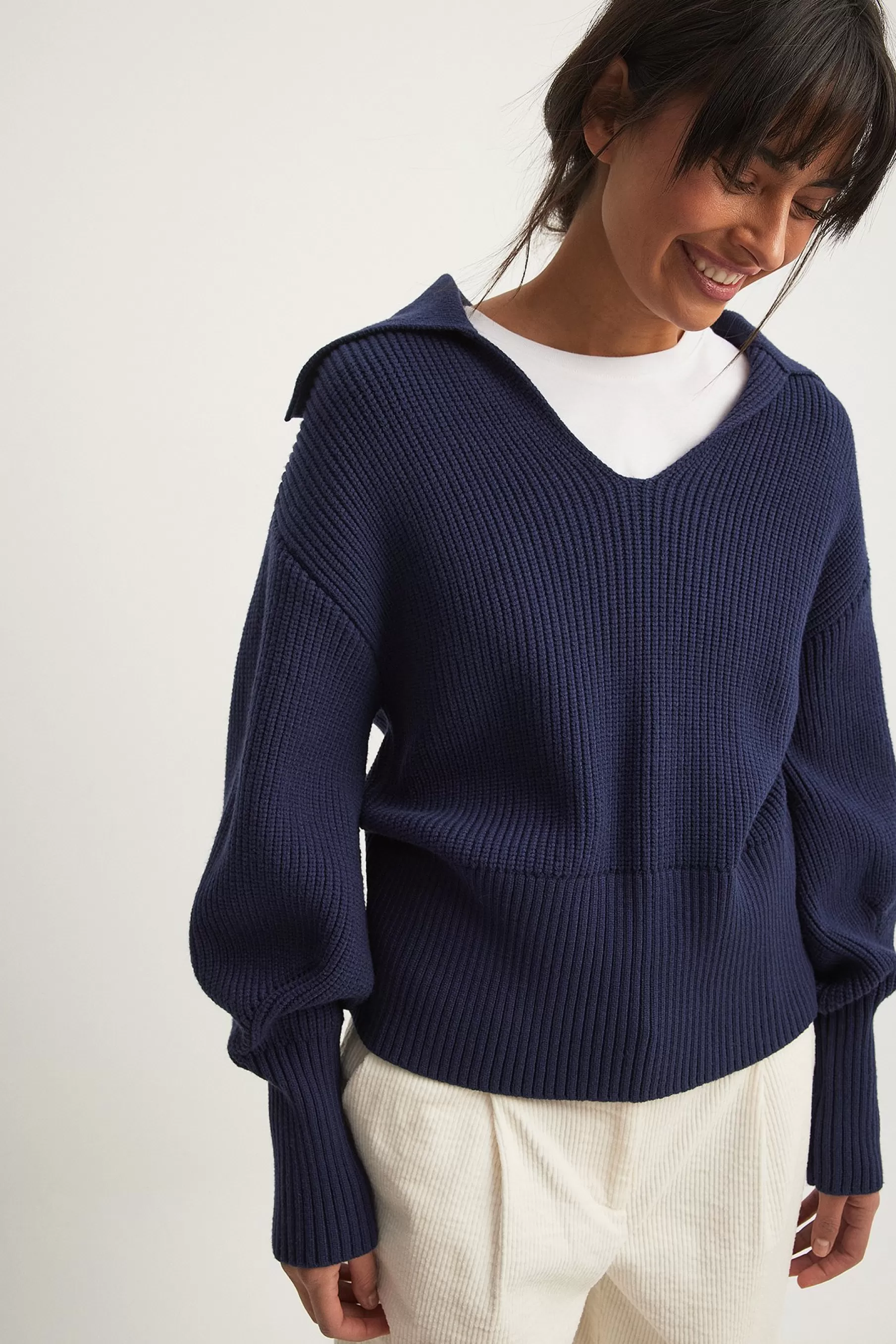 NA-KD V-neck Knitted Collar Sweater Blue