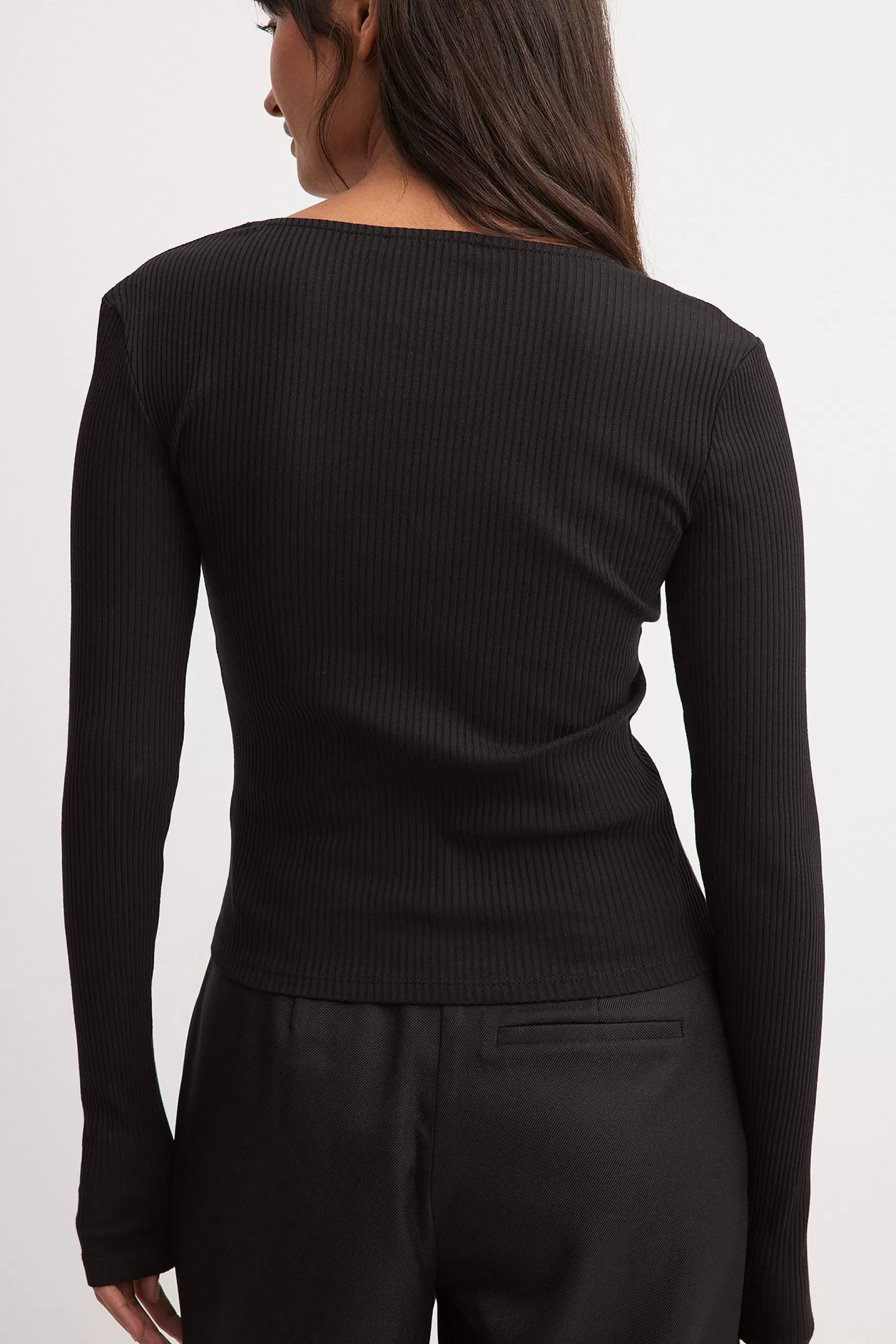 NA-KD V-Neck Ribbed Long Sleeve Top Black