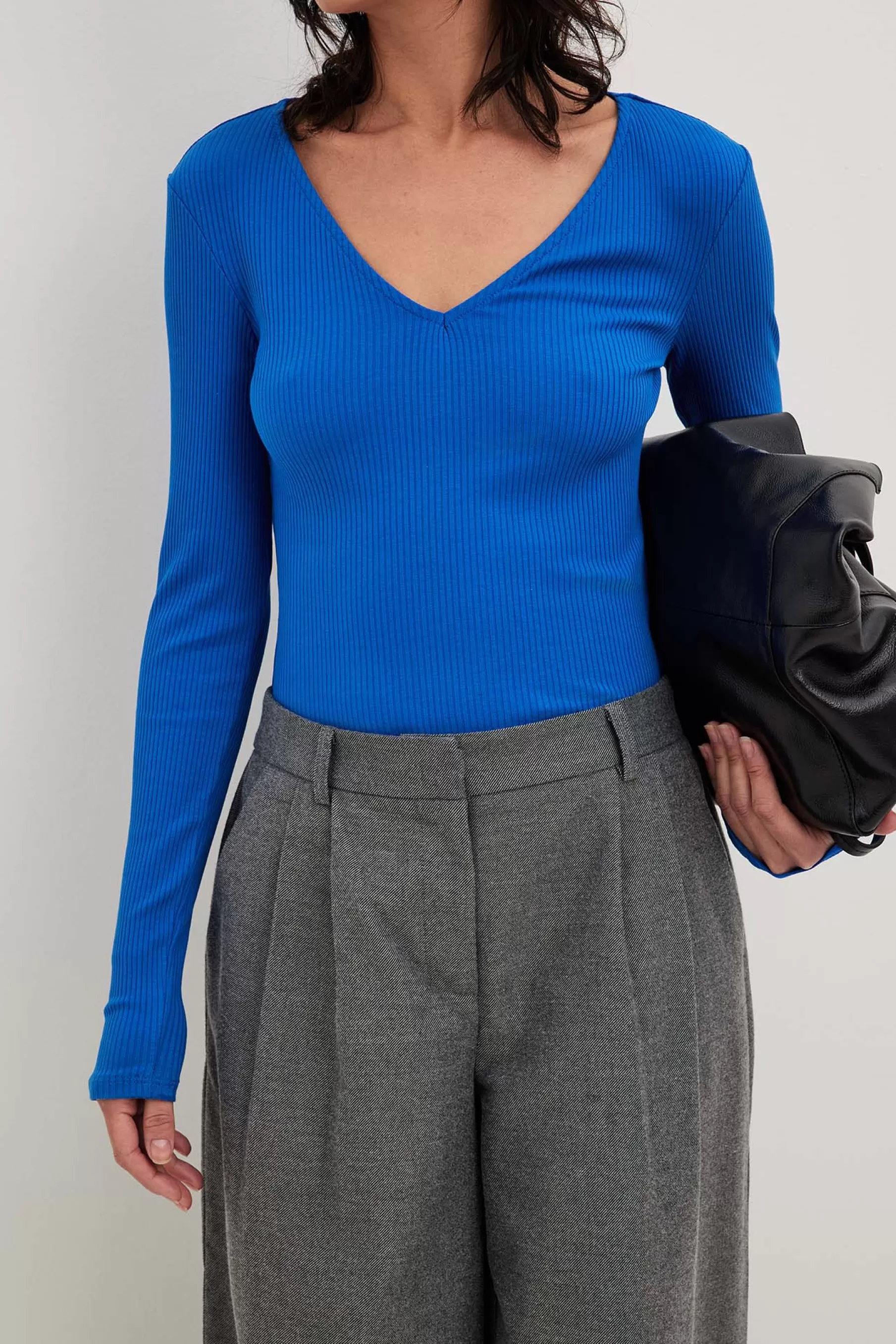 NA-KD V-Neck Ribbed Long Sleeve Top Blue