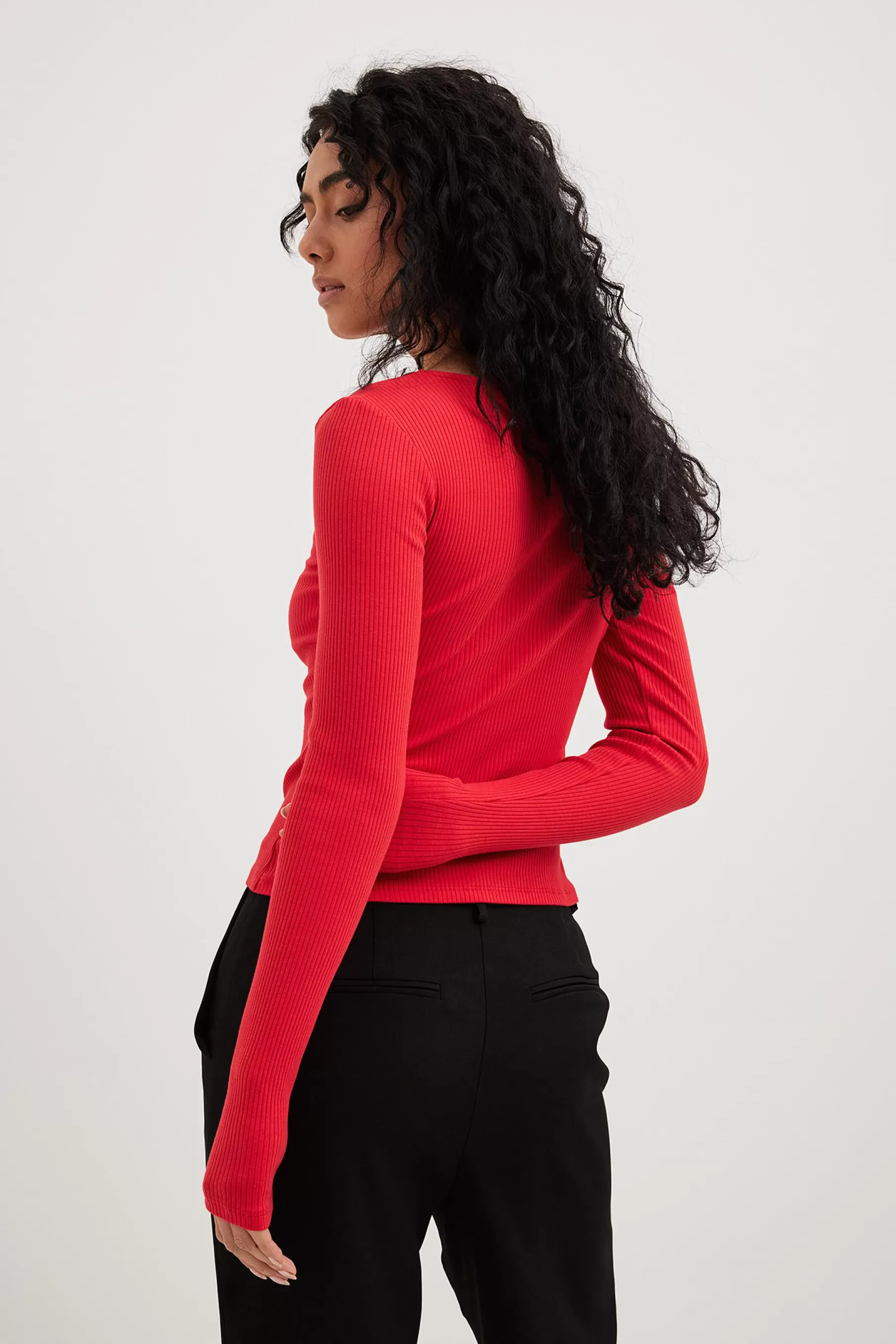 NA-KD V-Neck Ribbed Long Sleeve Top Red