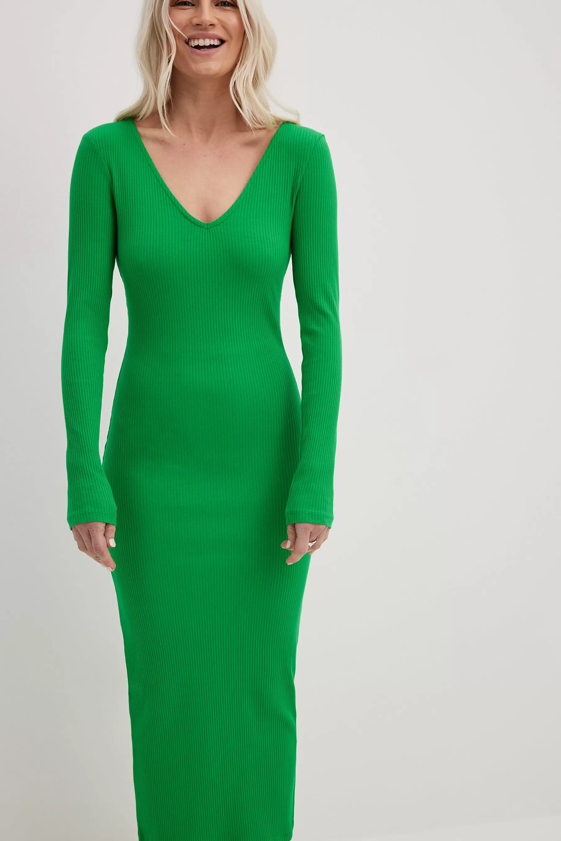 NA-KD V-Neck Ribbed Midi Dress Green