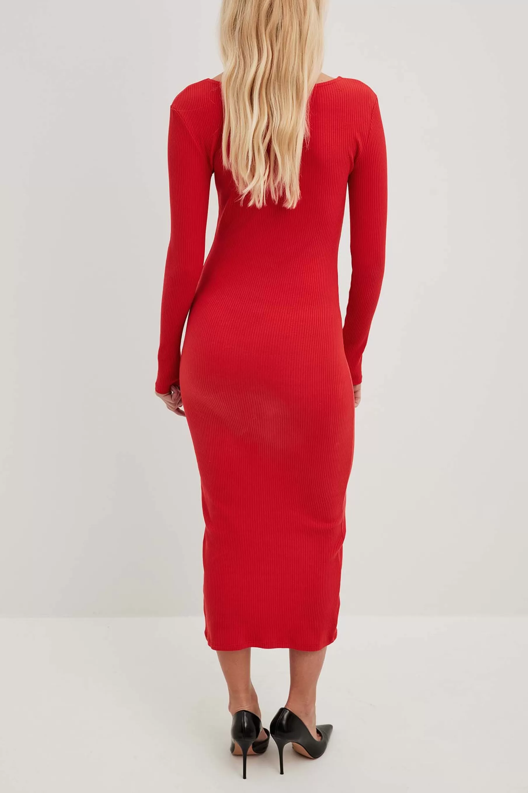 NA-KD V-Neck Ribbed Midi Dress Red