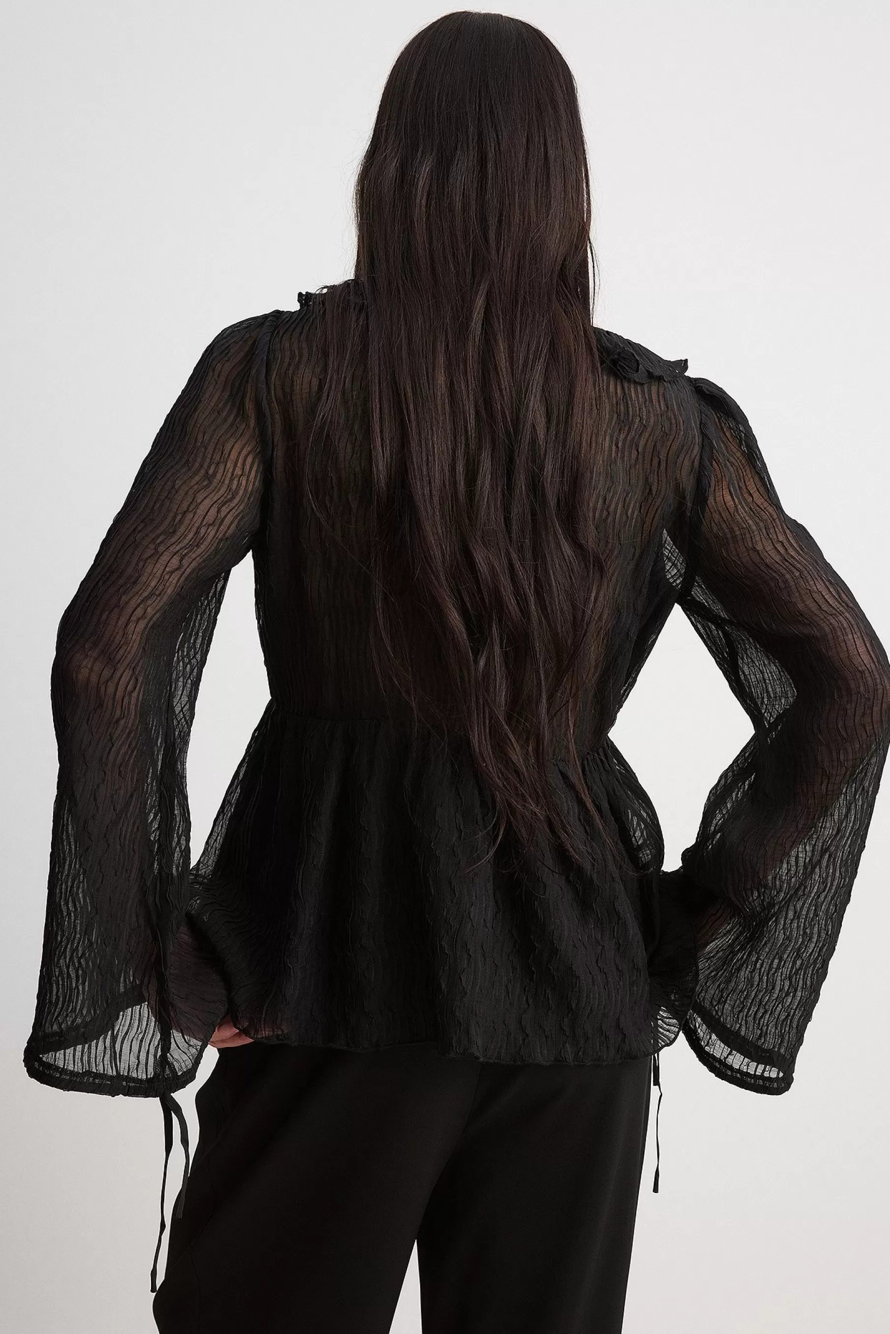 NA-KD V-Neck Ruffle Detail Chiffon Blouse Black