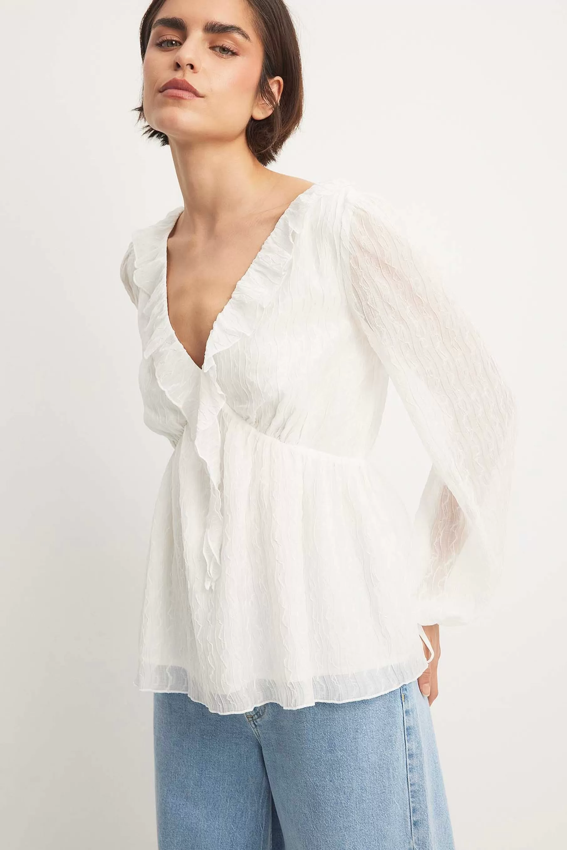 NA-KD V-Neck Ruffle Detail Chiffon Blouse White