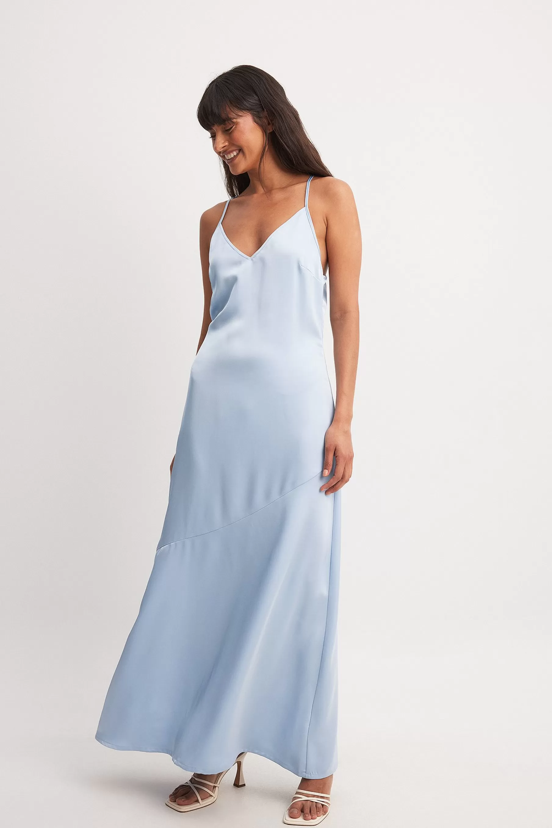 NA-KD V-Neck Satin Slip Dress Blue