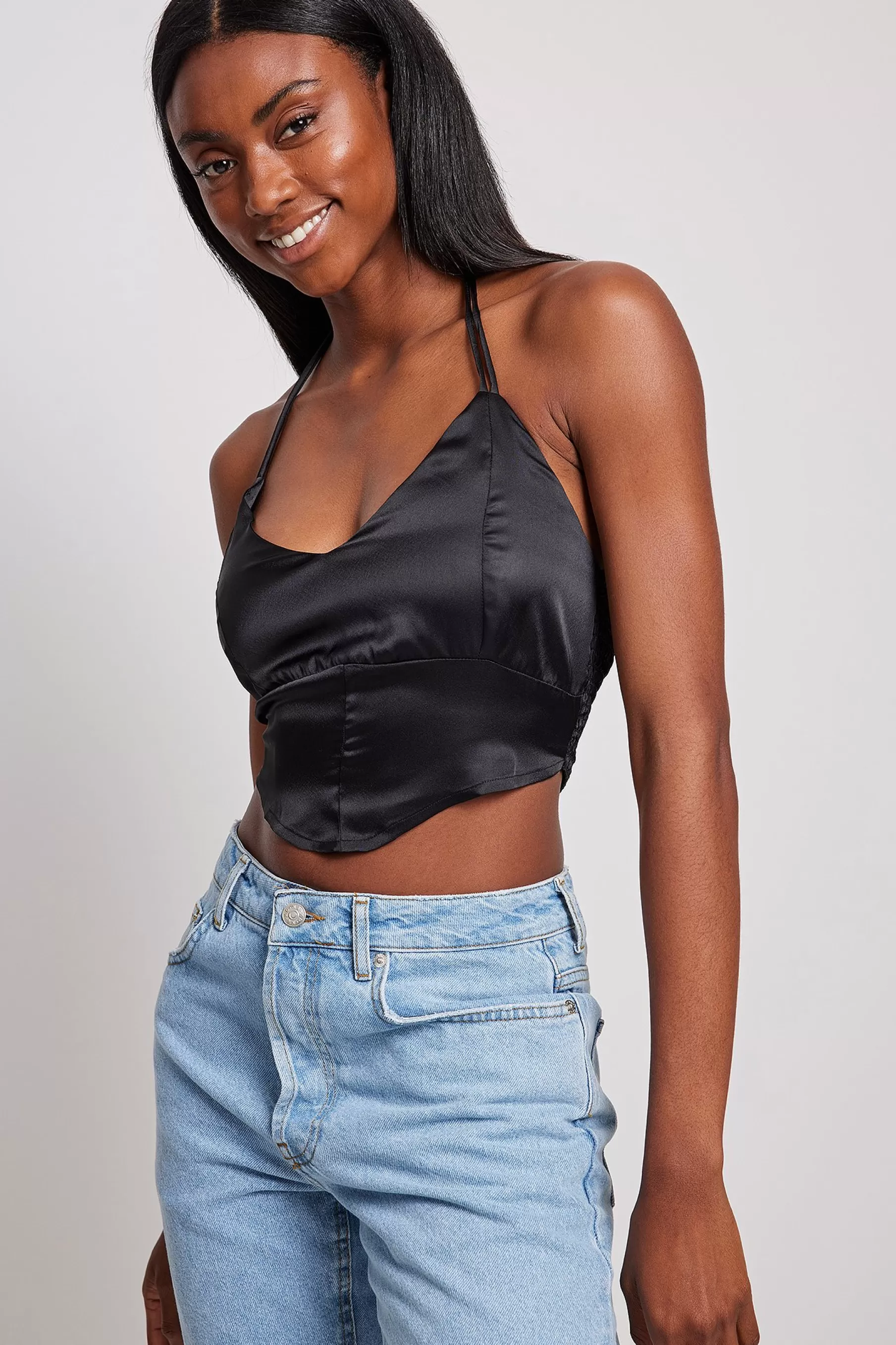 NA-KD V-Neck Strap Detail Satin Top Black