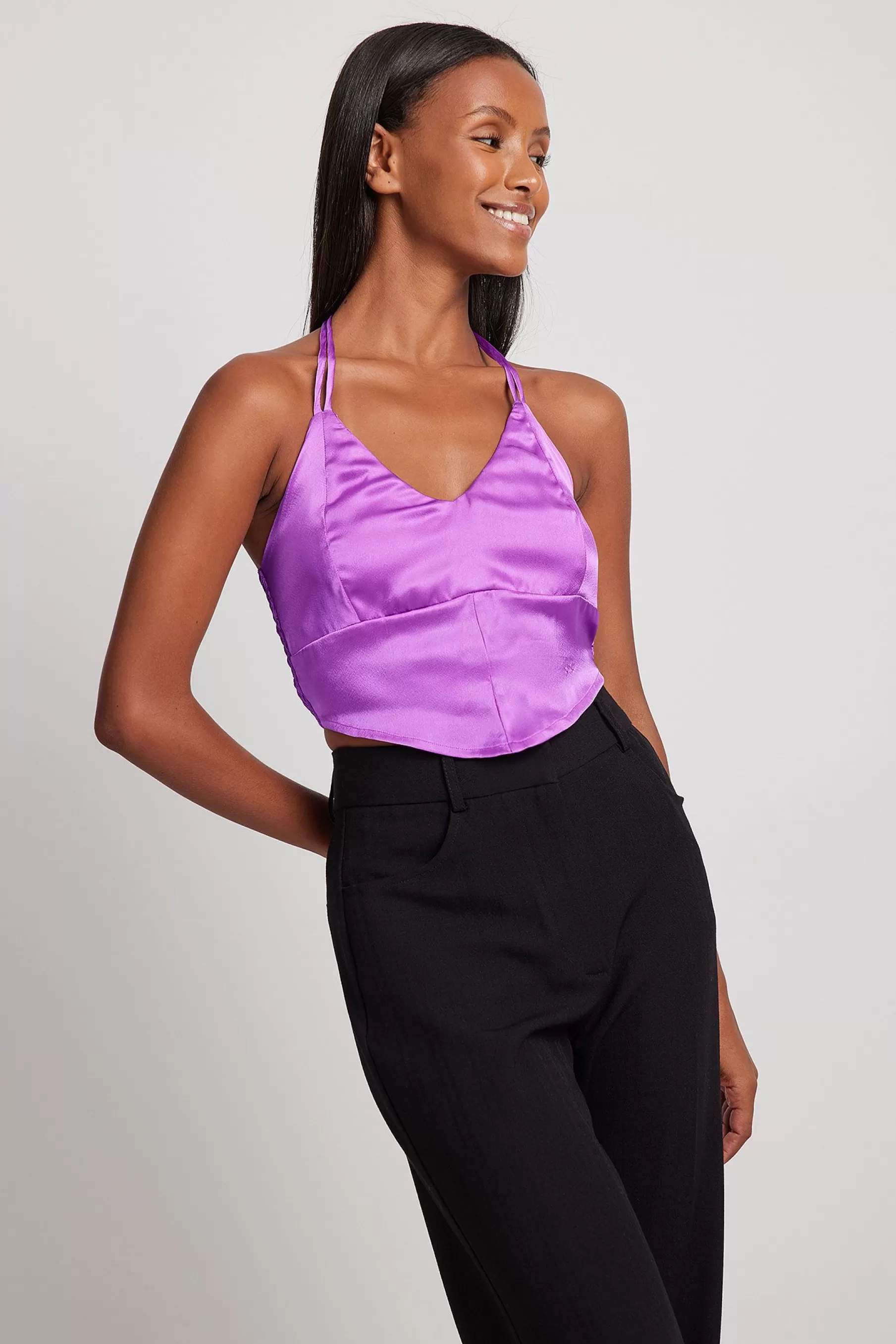 NA-KD V-Neck Strap Detail Satin Top Purple