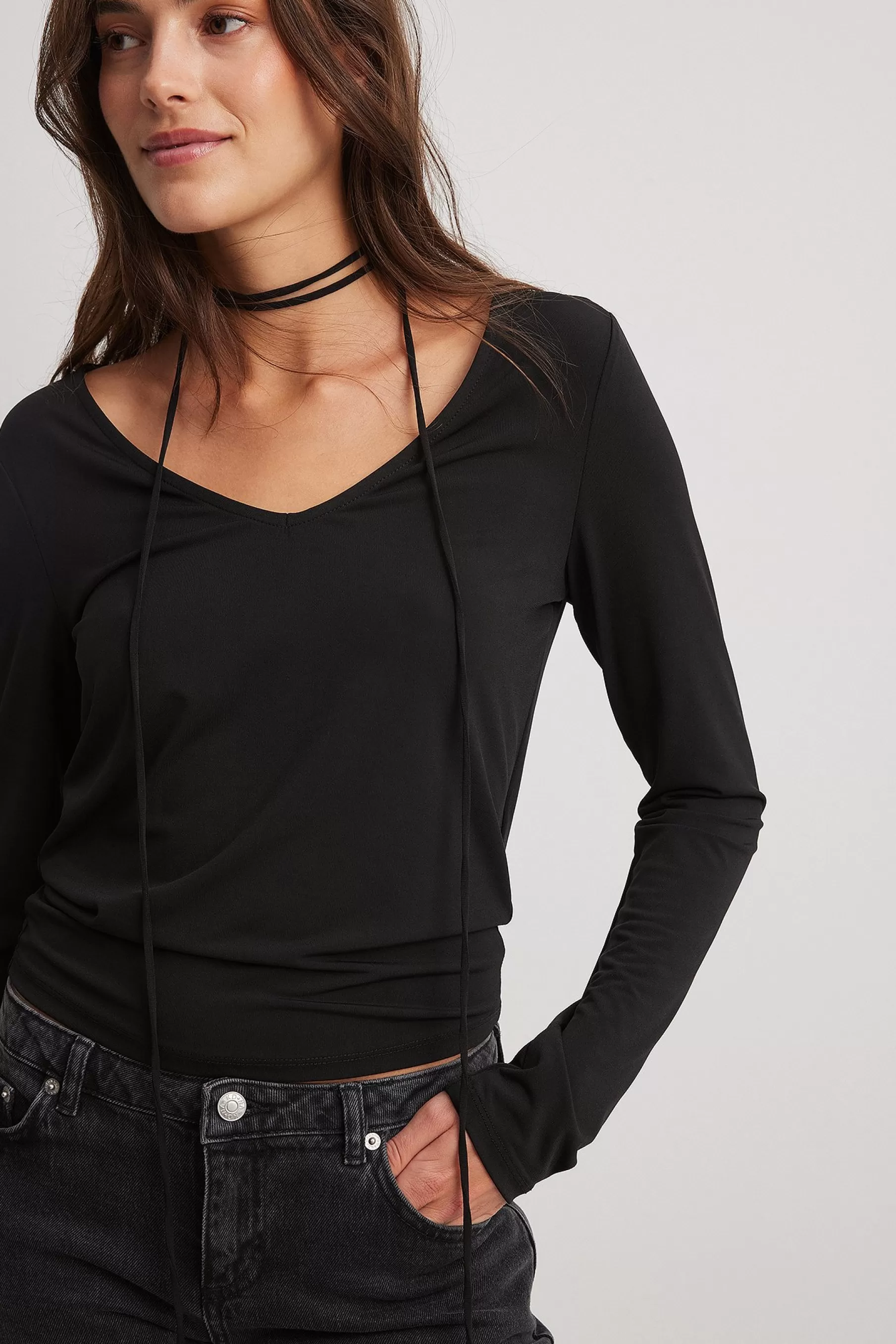 NA-KD V-neck Straps Detail Long Sleeve Top Black