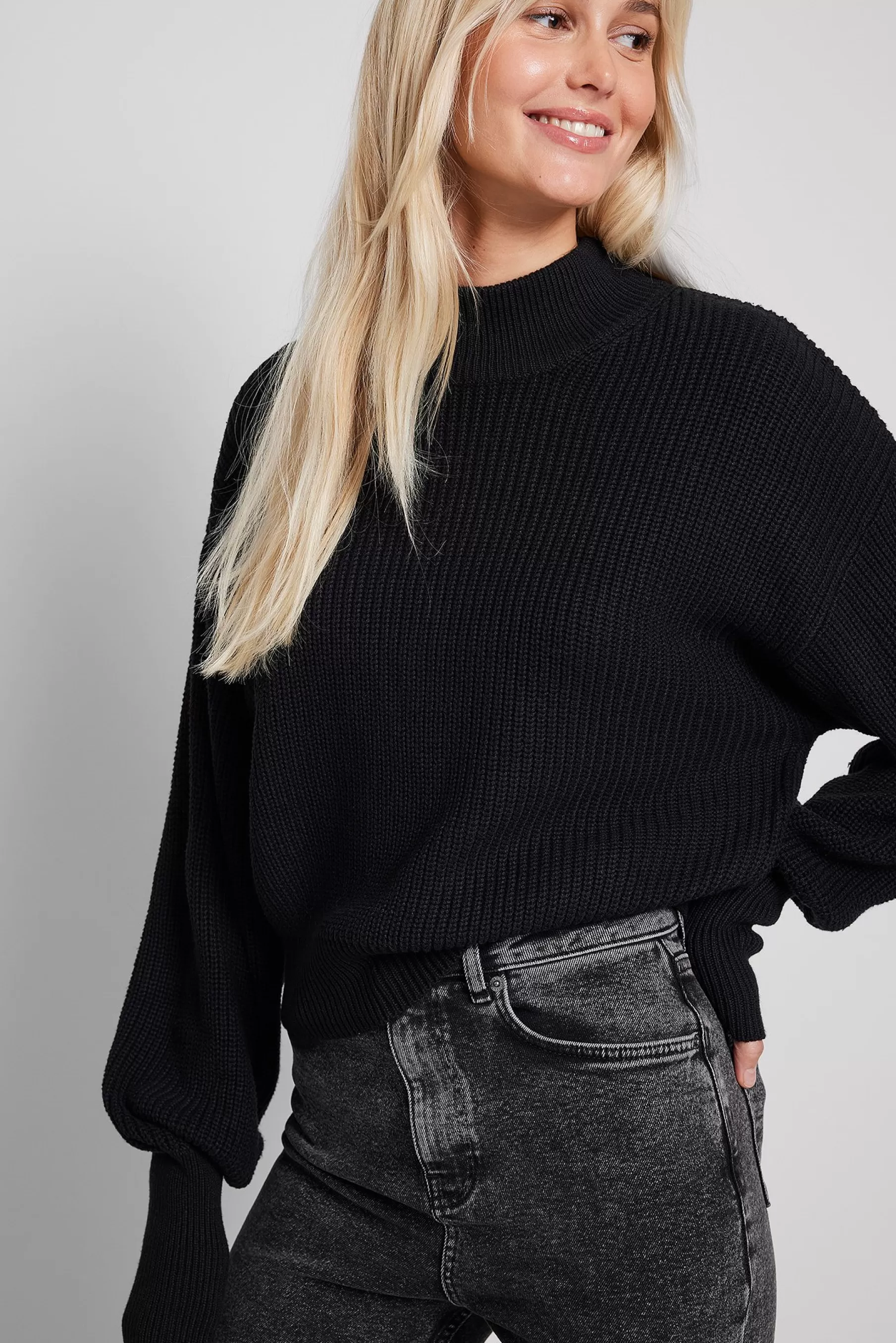 NA-KD Volume Sleeve High Neck Knitted Sweater Black