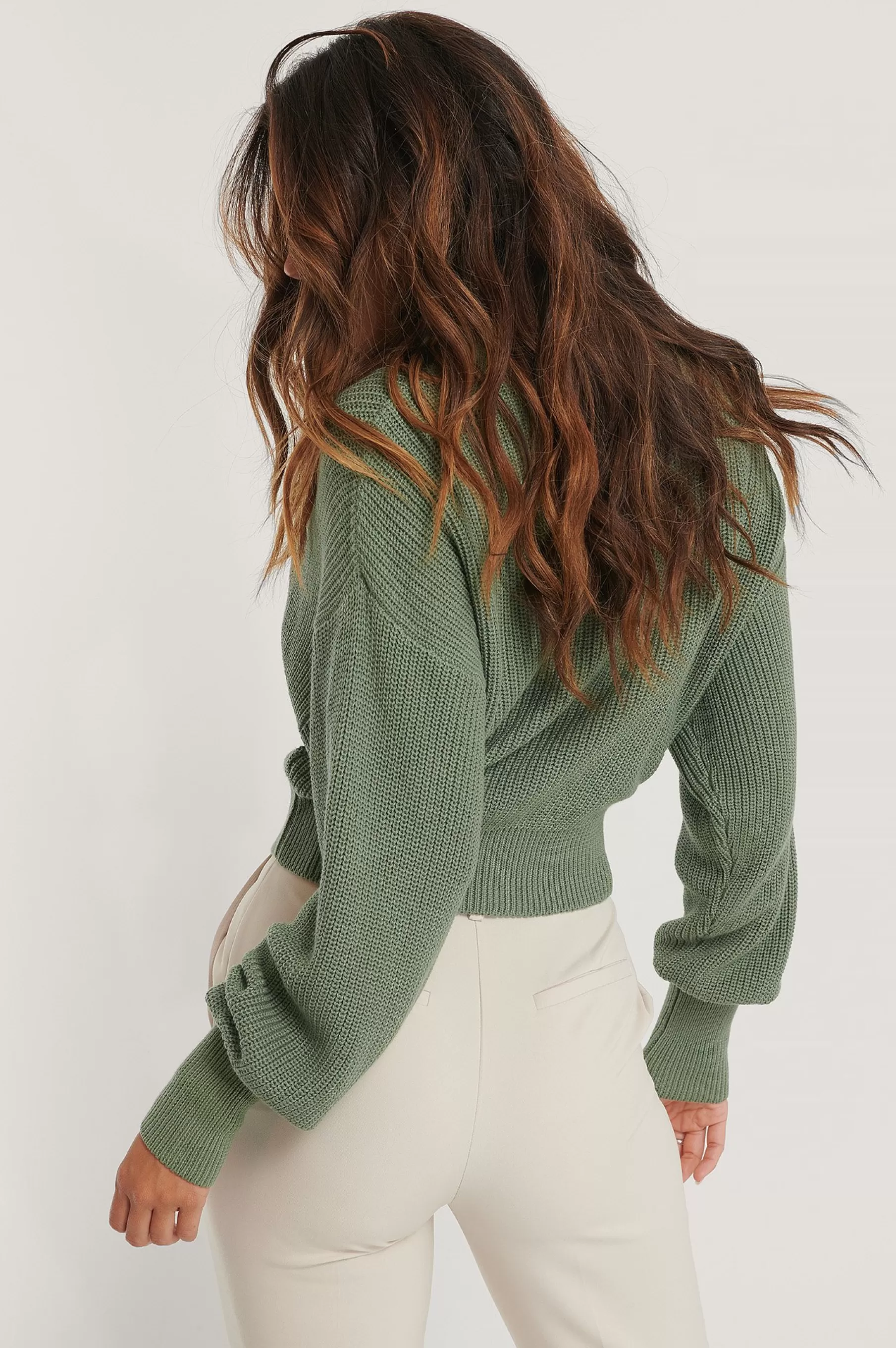 NA-KD Volume Sleeve High Neck Knitted Sweater Green