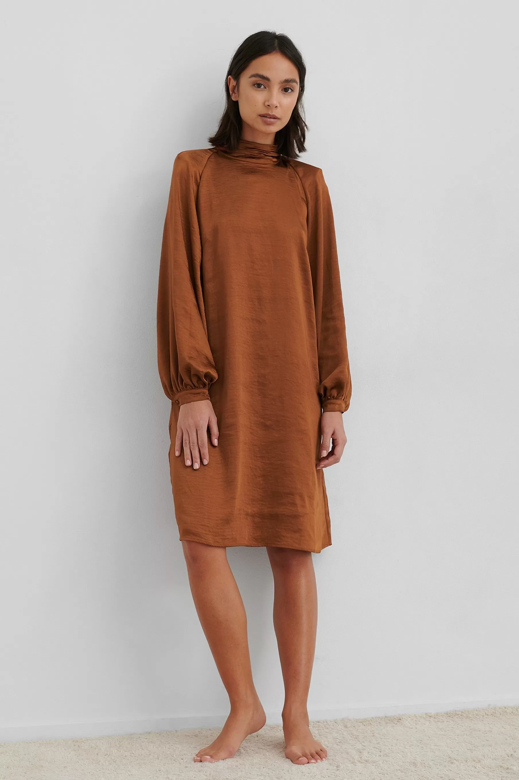 NA-KD Volume Sleeve Satin Dress Brown