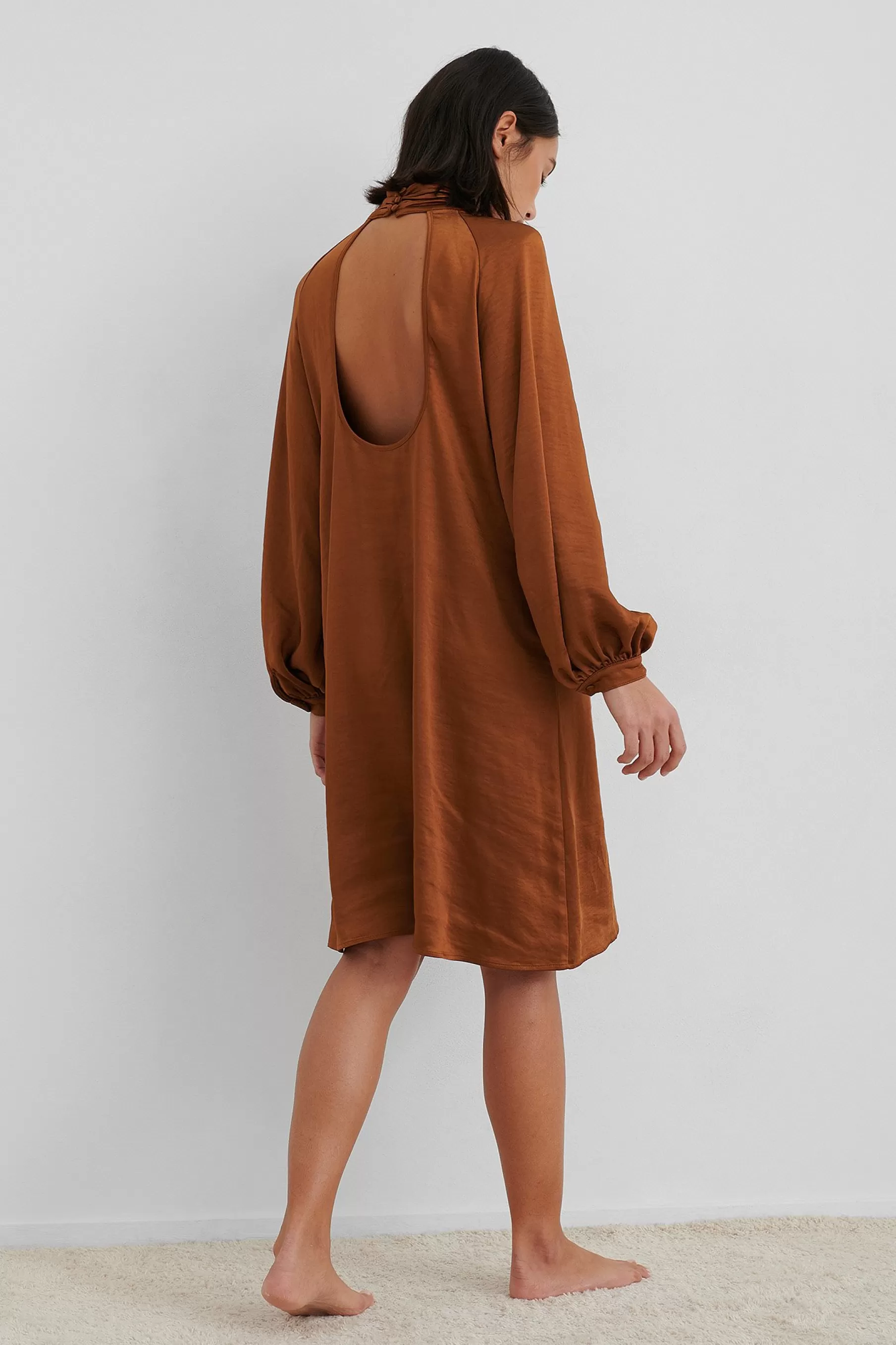 NA-KD Volume Sleeve Satin Dress Brown