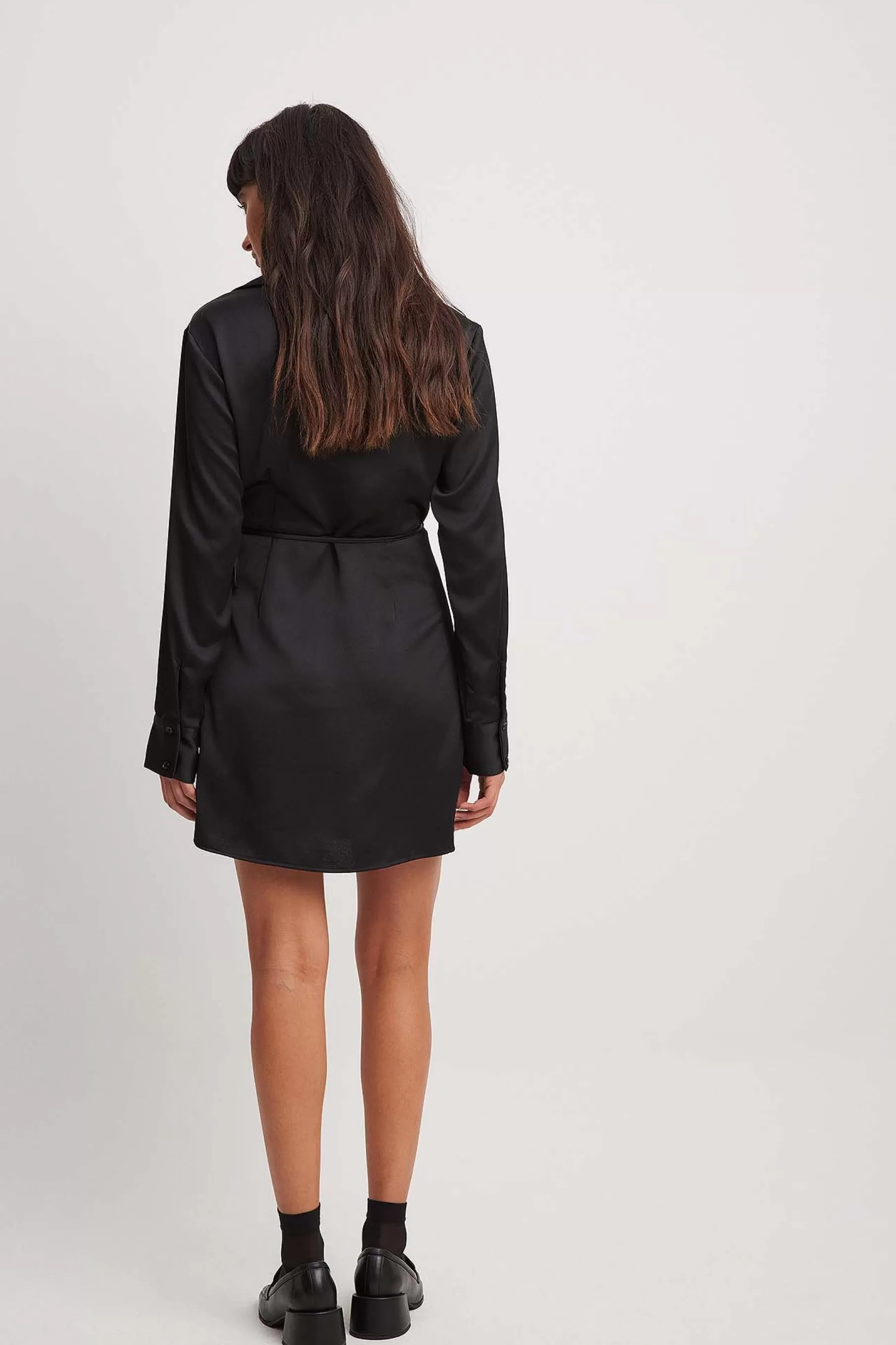 NA-KD Waist Tie Detail Mini Shirt Dress Black