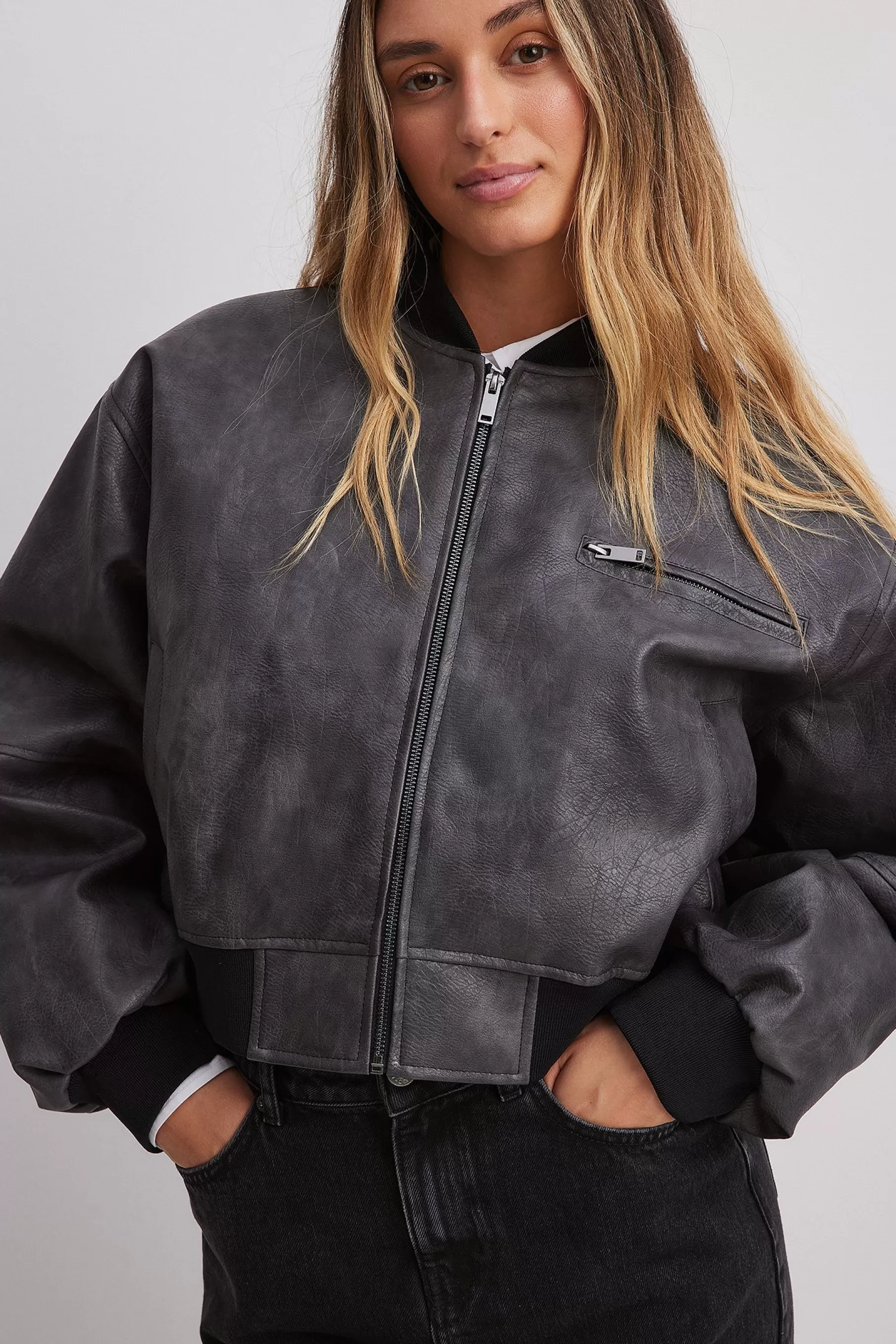 NA-KD Washed Out Pu Bomber Jacket Black