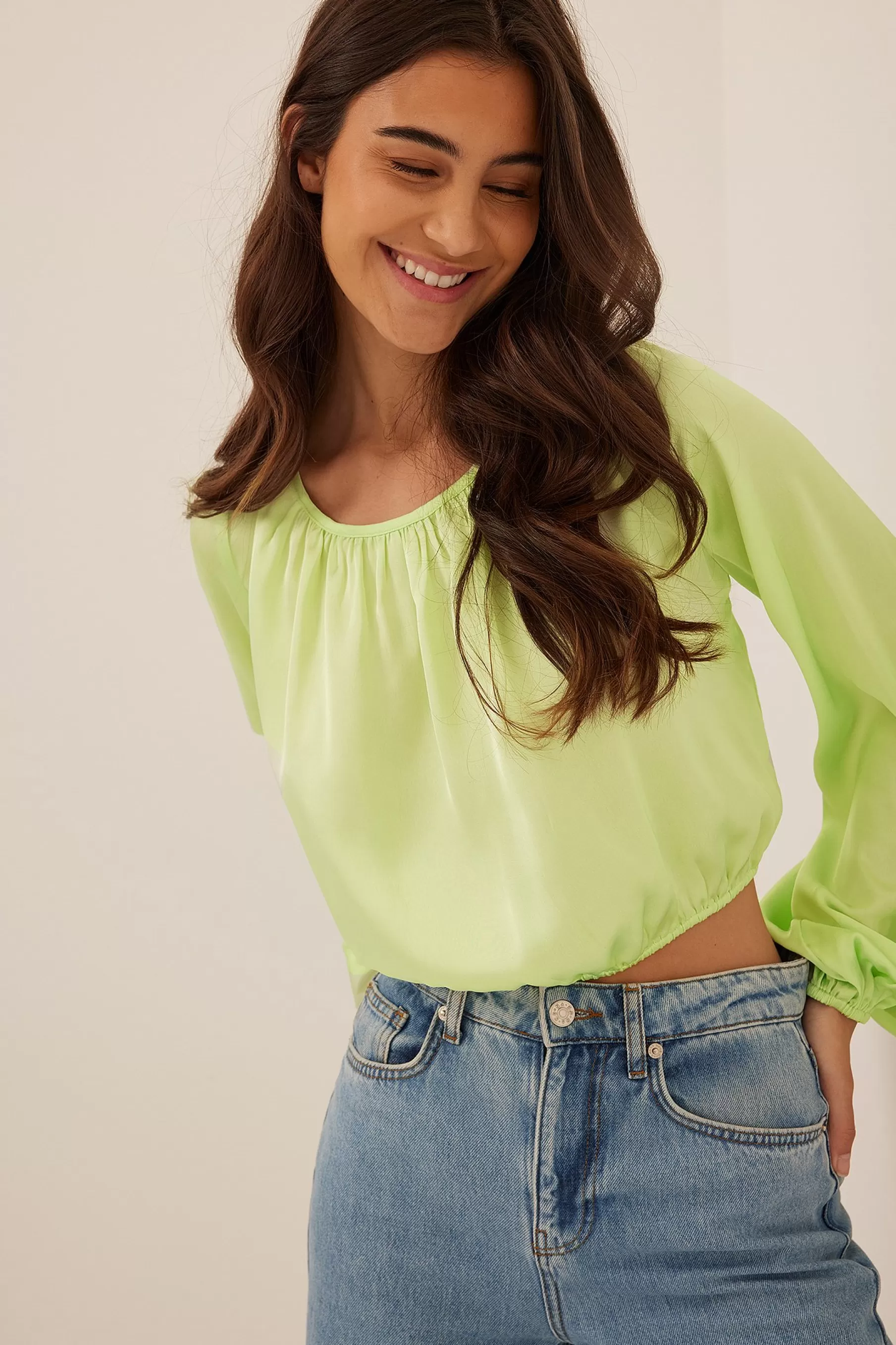 NA-KD Waterfall Back Satin Blouse Green