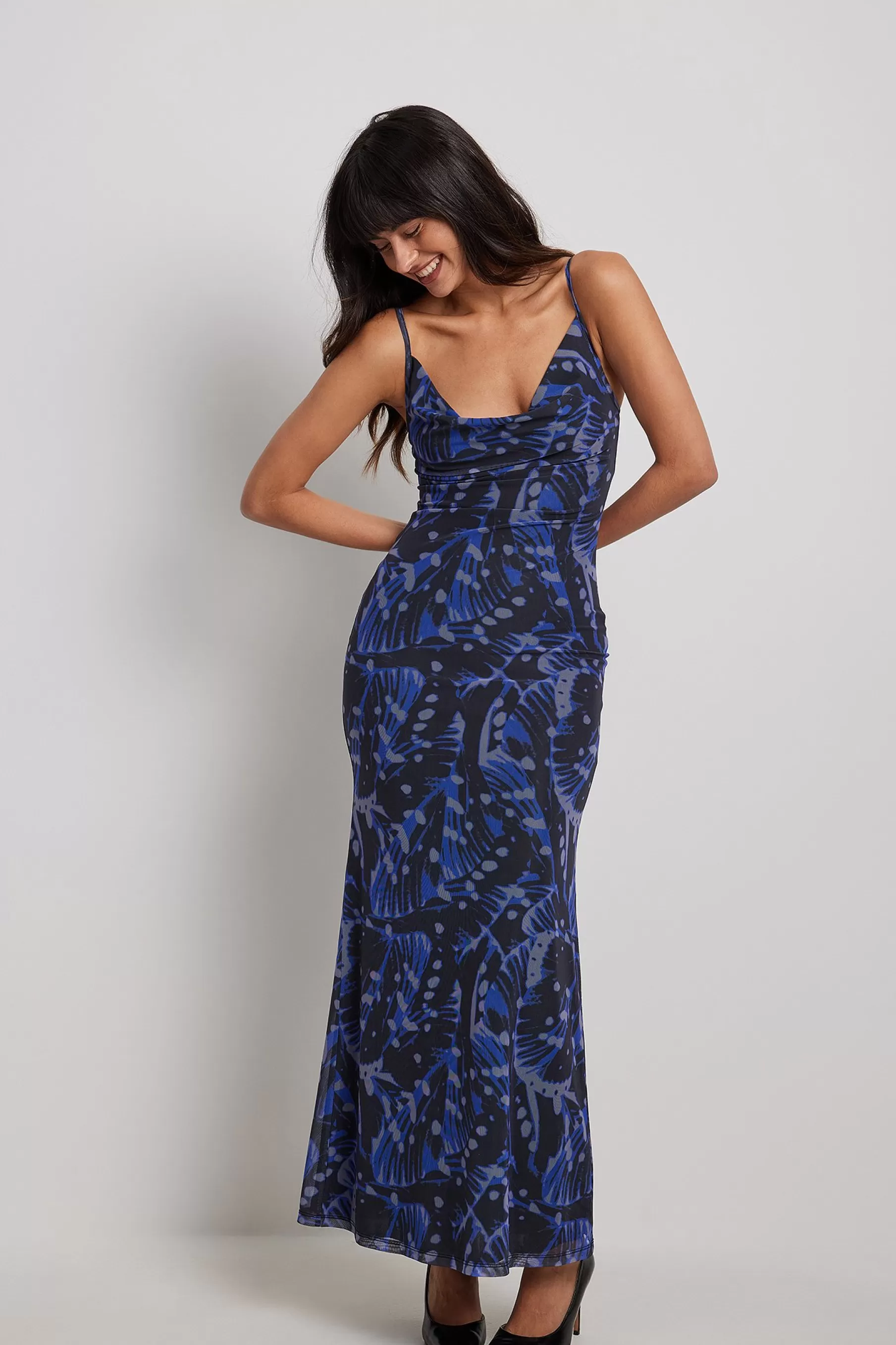 NA-KD Waterfall Mesh Maxi Dress Blue