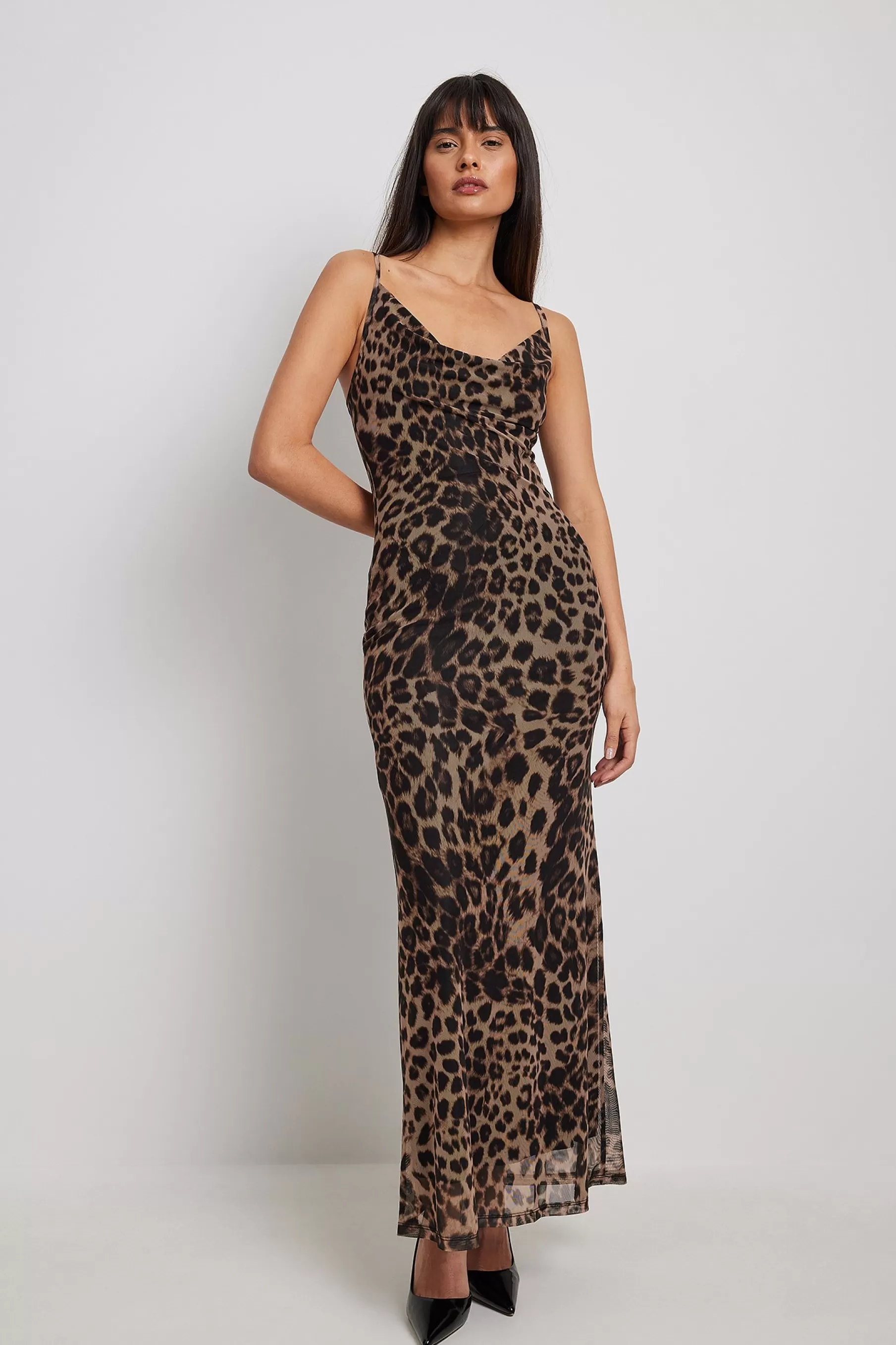 NA-KD Waterfall Mesh Maxi Dress Leopard