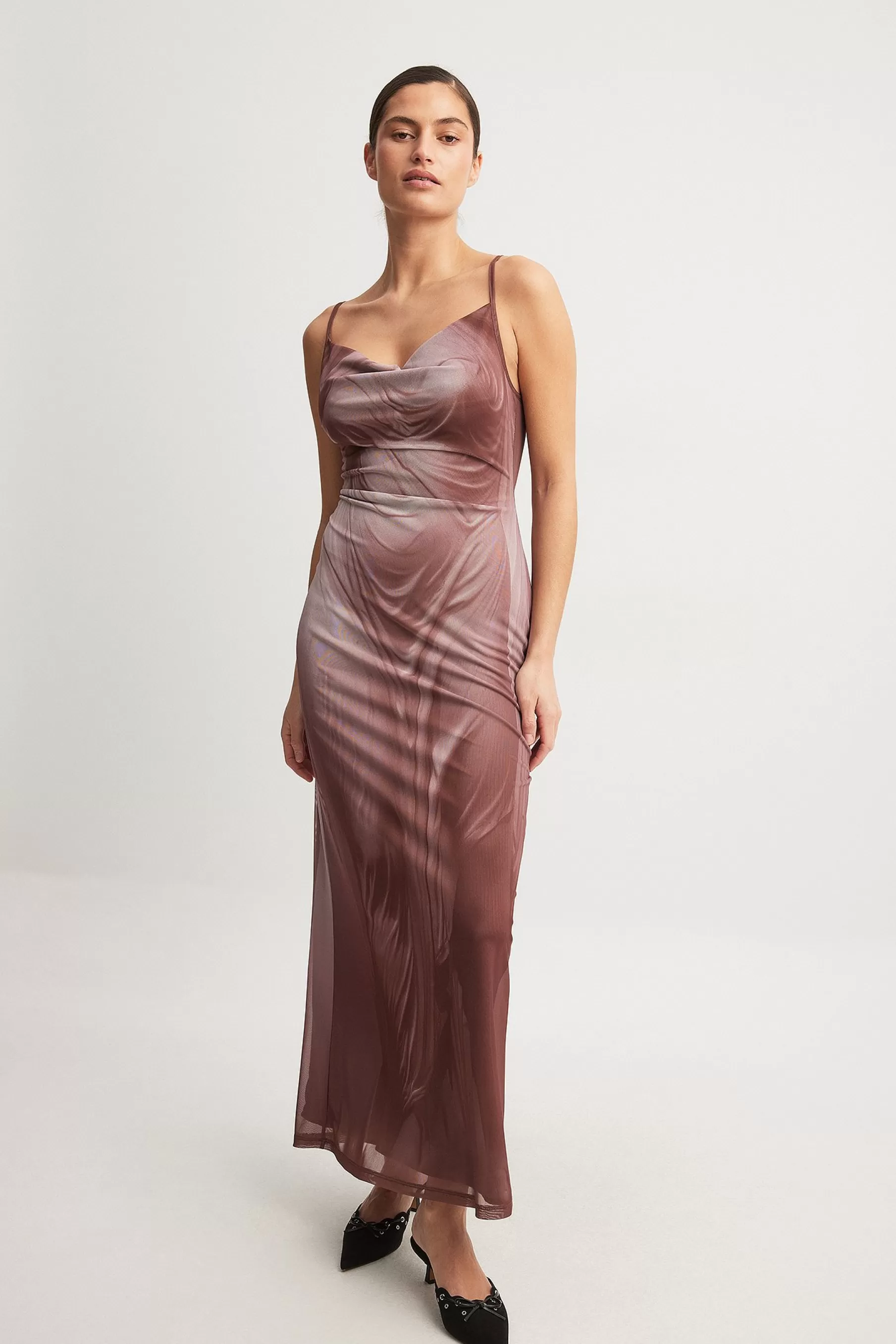 NA-KD Waterfall Mesh Maxi Dress Pink