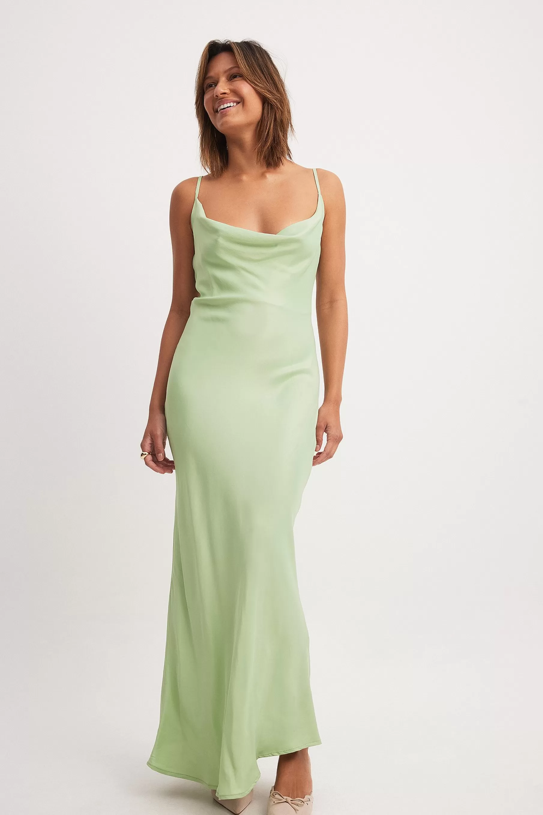 NA-KD Waterfall Midi Slip Dress Green