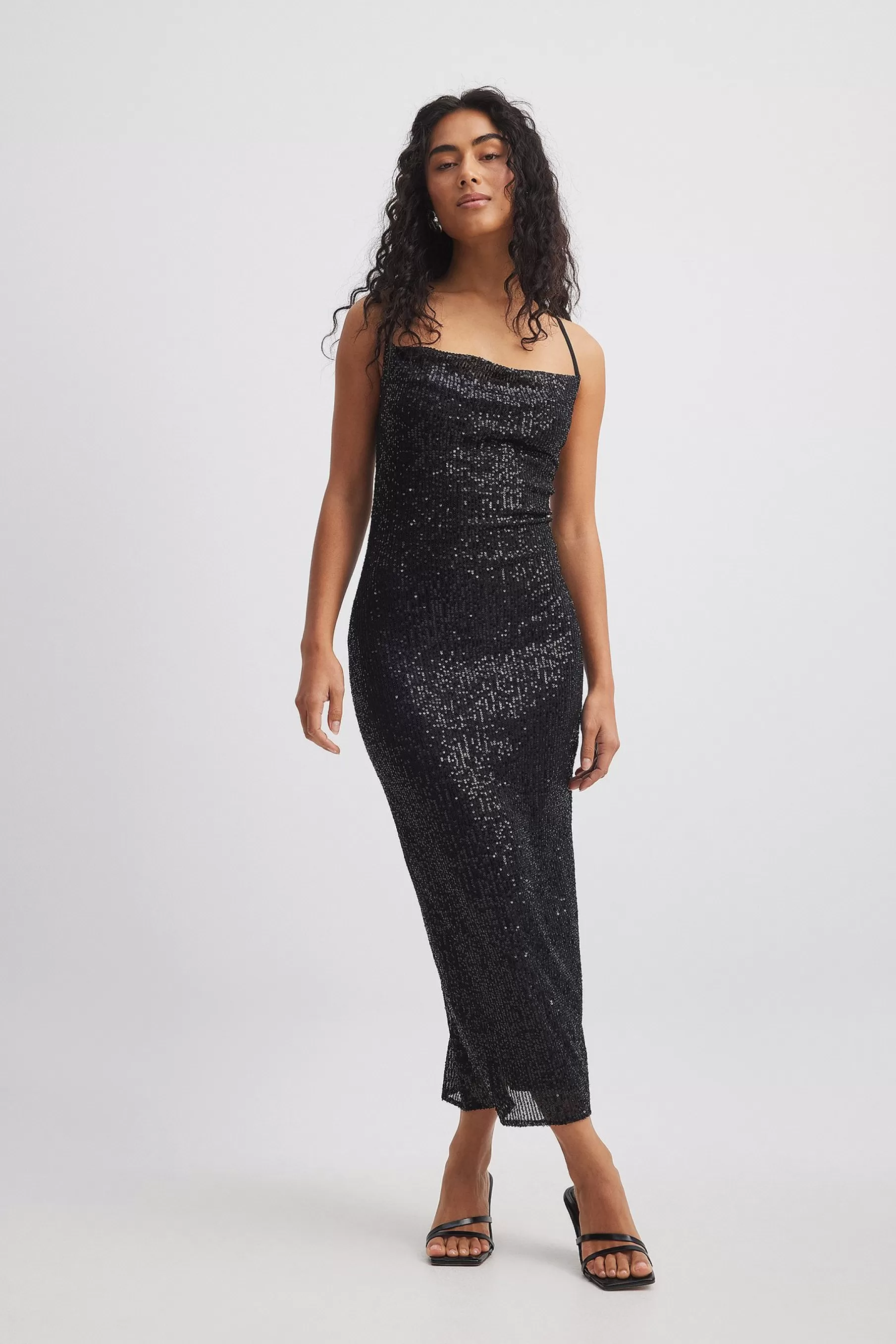 NA-KD Waterfall Sequin Midi Dress Black