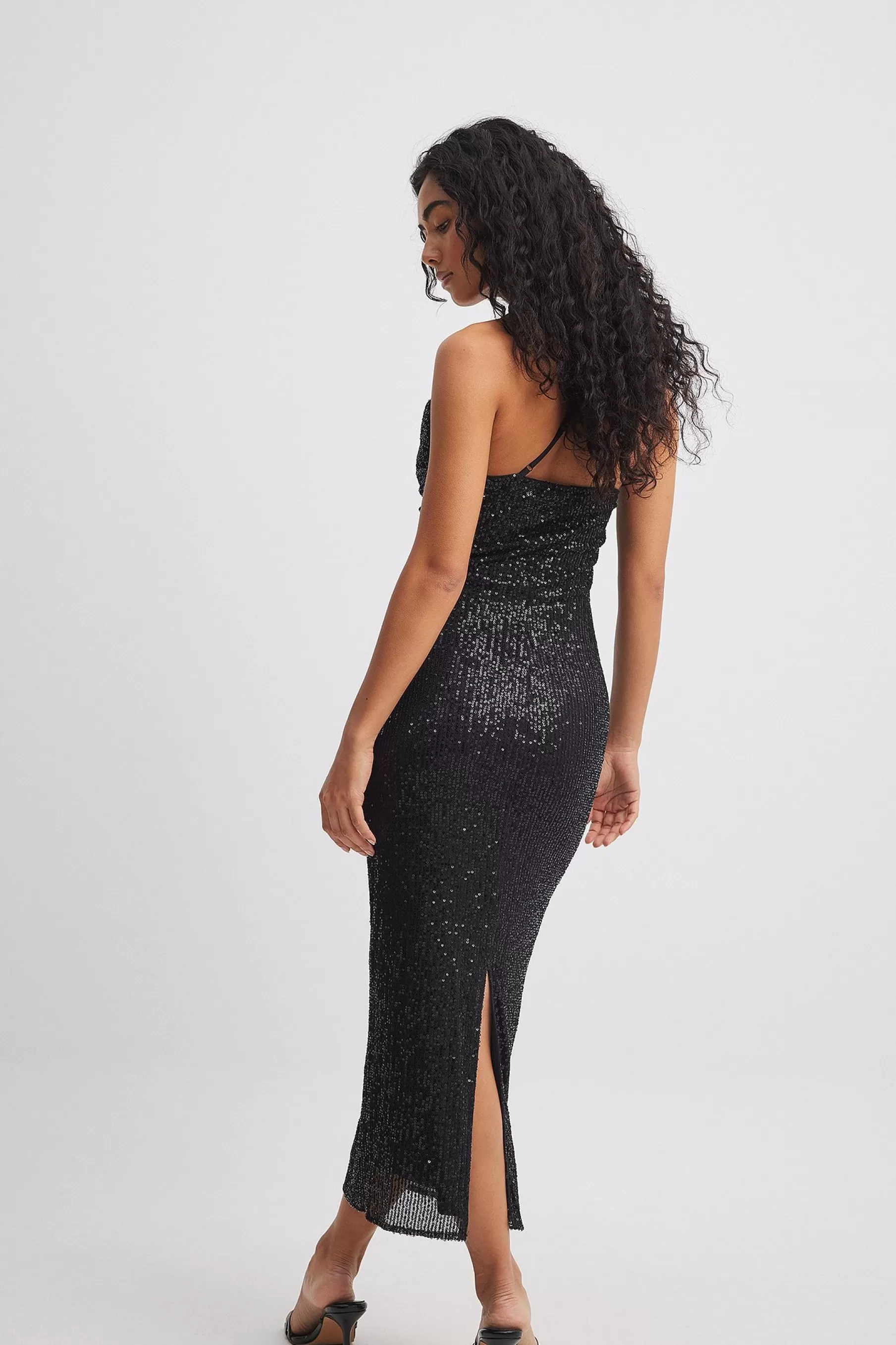 NA-KD Waterfall Sequin Midi Dress Black