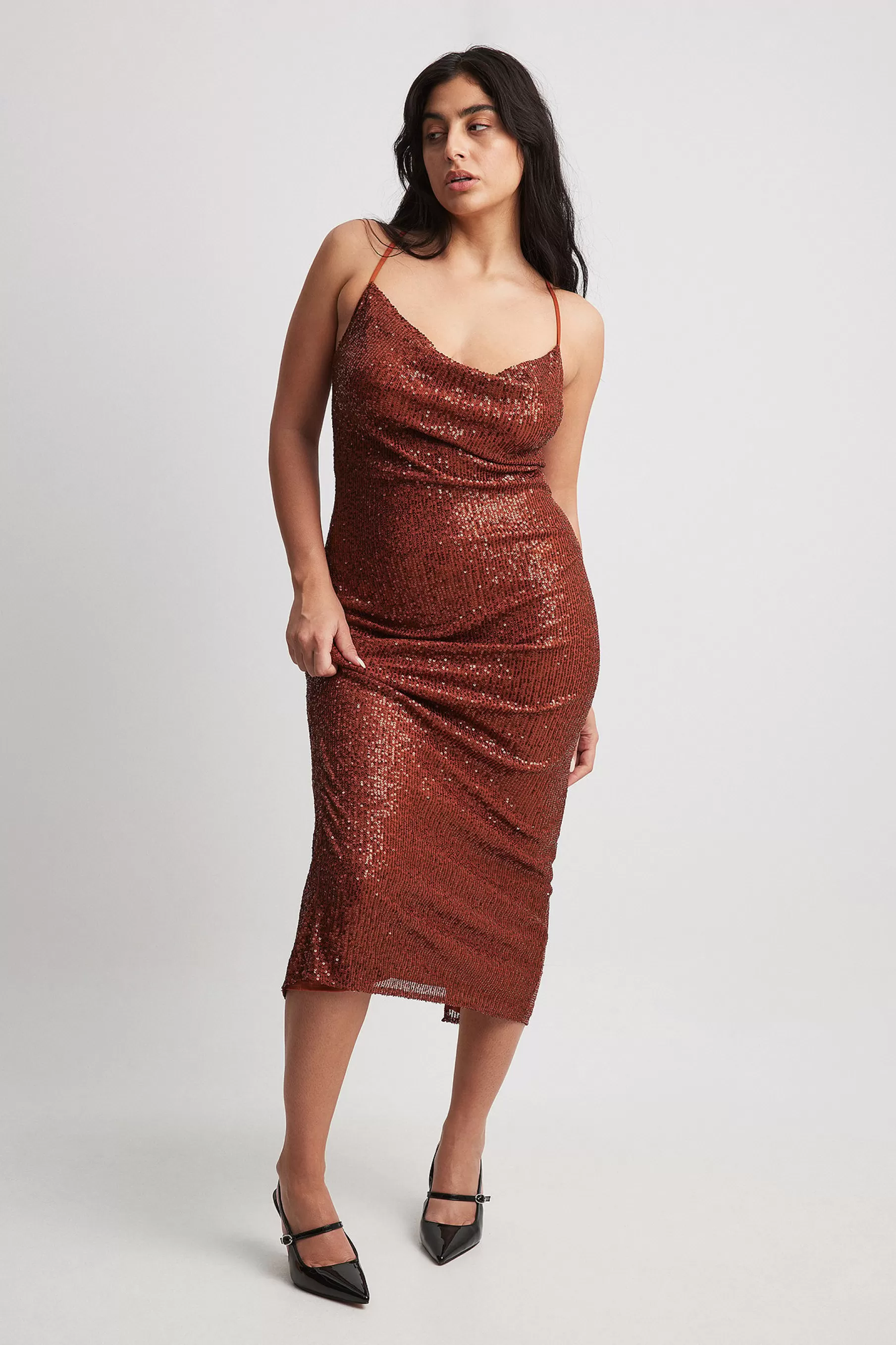 NA-KD Waterfall Sequin Midi Dress Brown