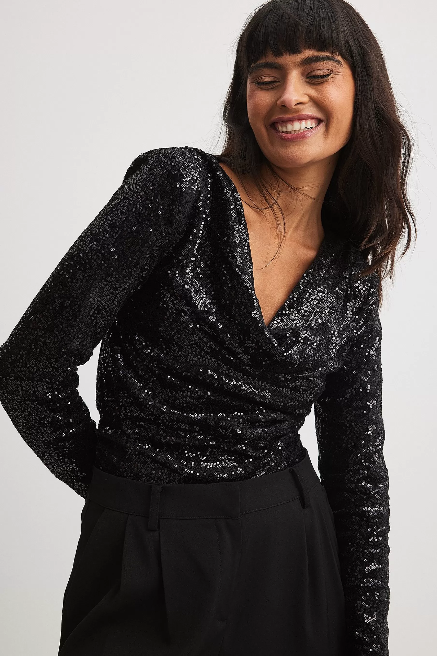 NA-KD Waterfall Velvet Sequin Top Black