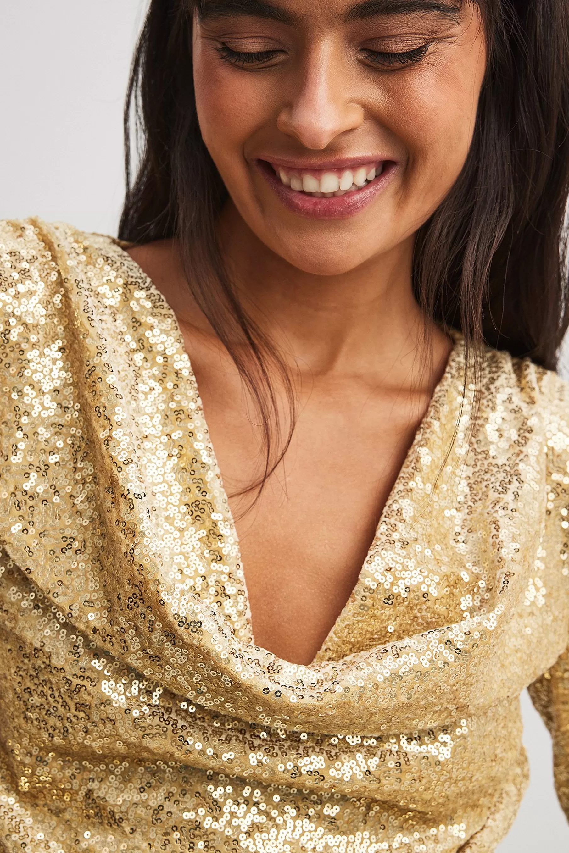 NA-KD Waterfall Velvet Sequin Top Gold