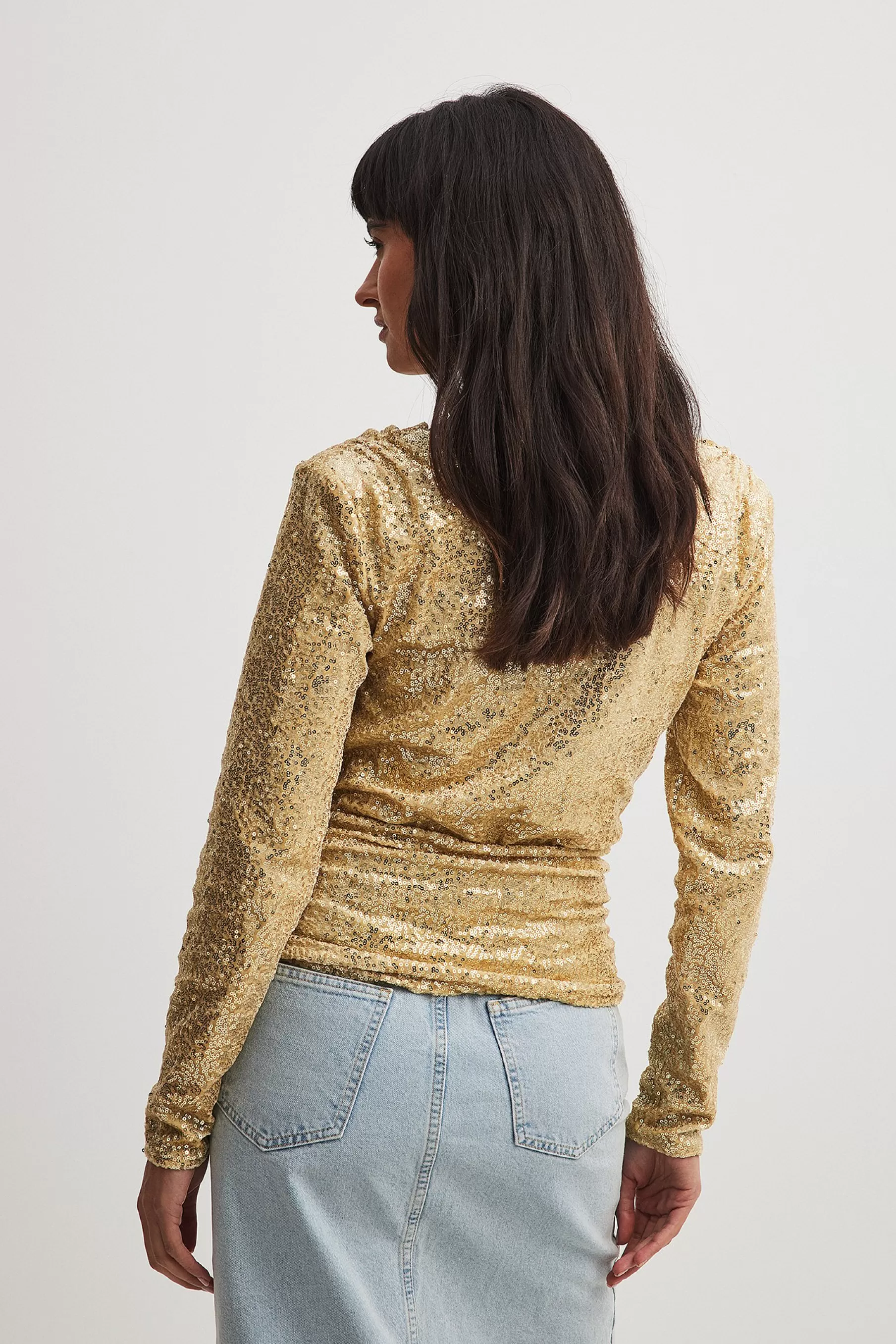 NA-KD Waterfall Velvet Sequin Top Gold