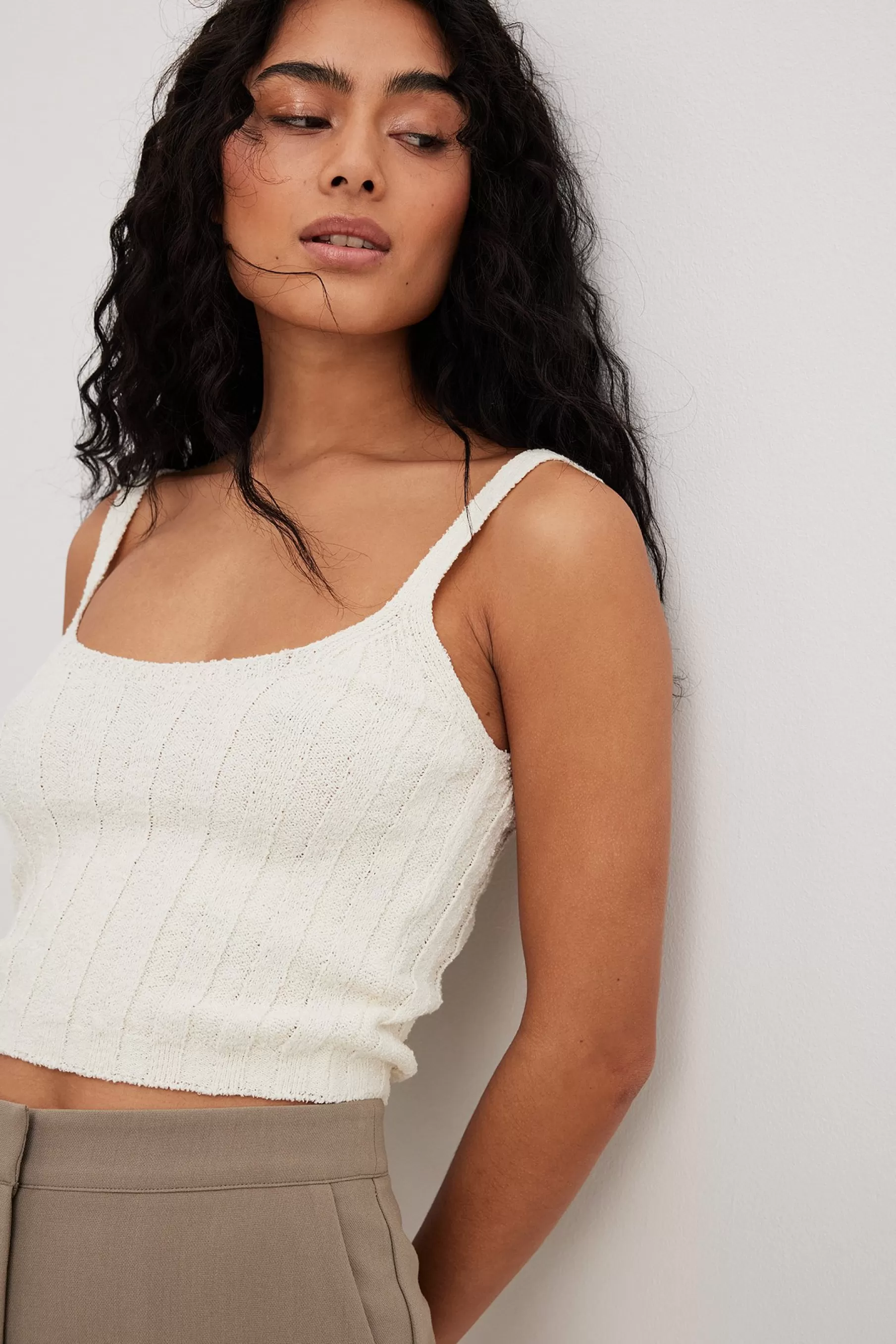 NA-KD Wide Rib Knitted Cropped Top Offwhite