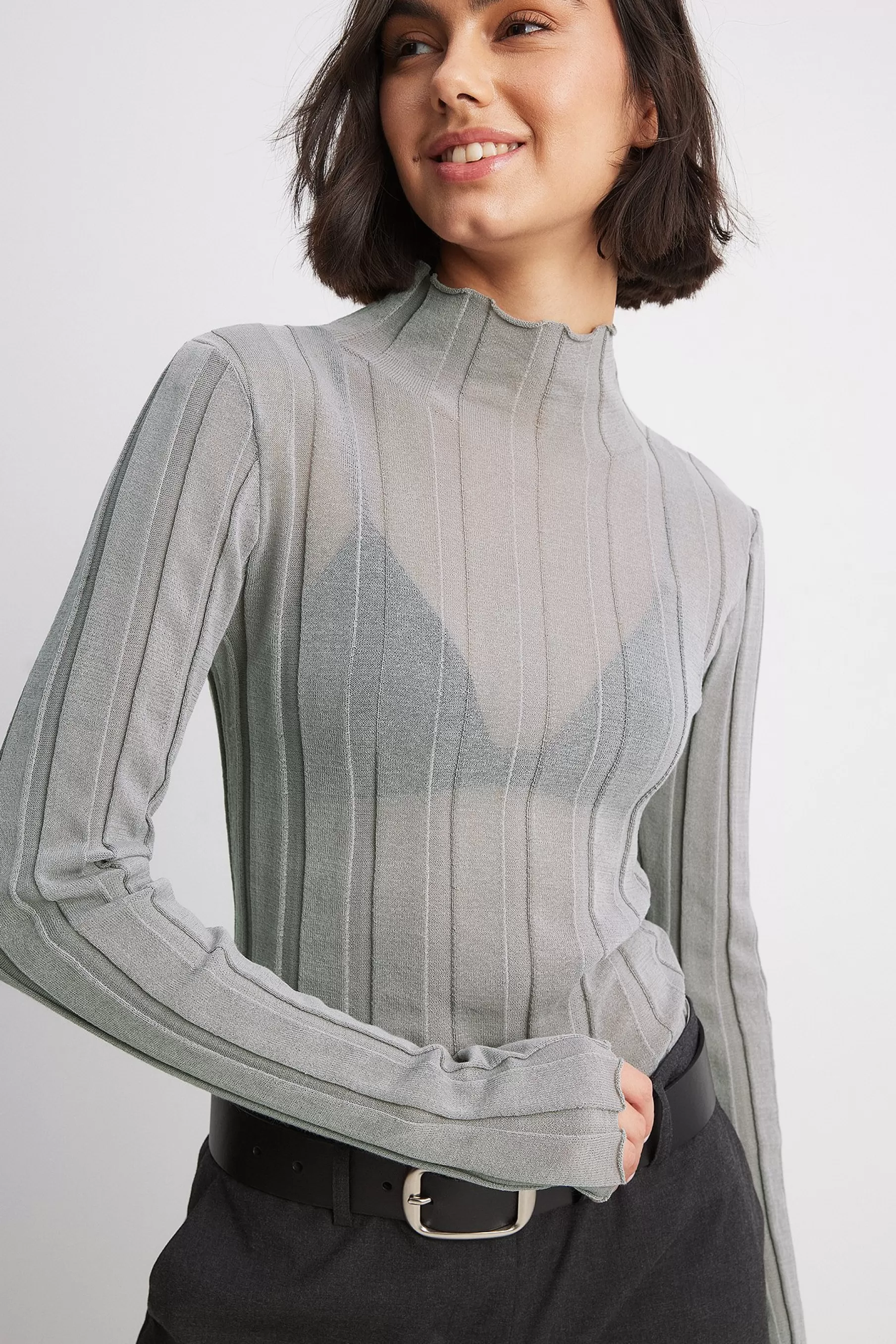 NA-KD Wide Rib Knitted Top Grey