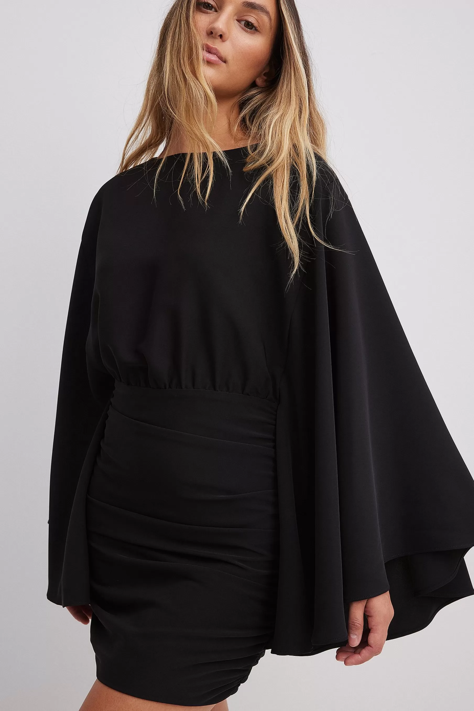 NA-KD Wide Sleeve Draped Mini Dress Black