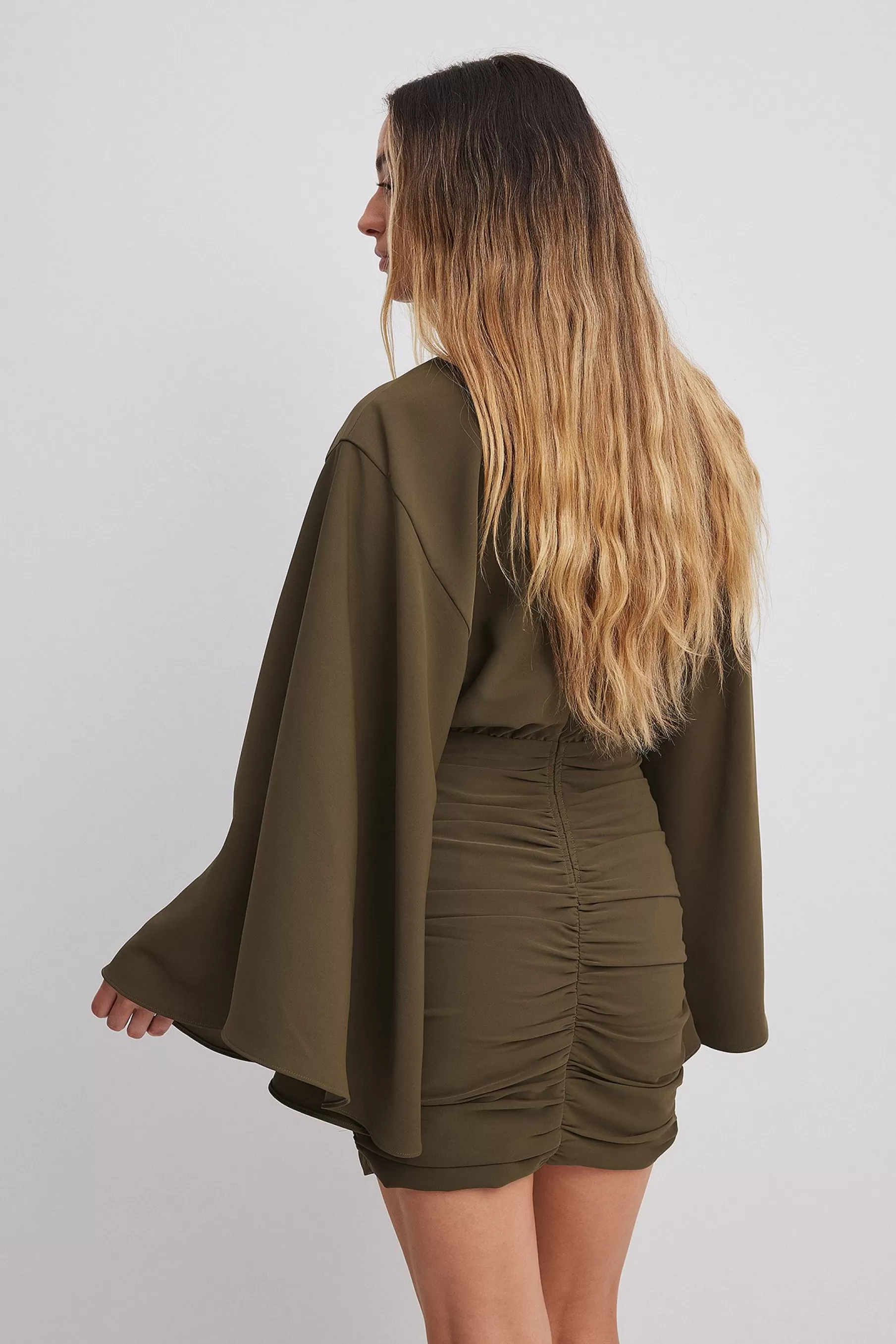 NA-KD Wide Sleeve Draped Mini Dress Green