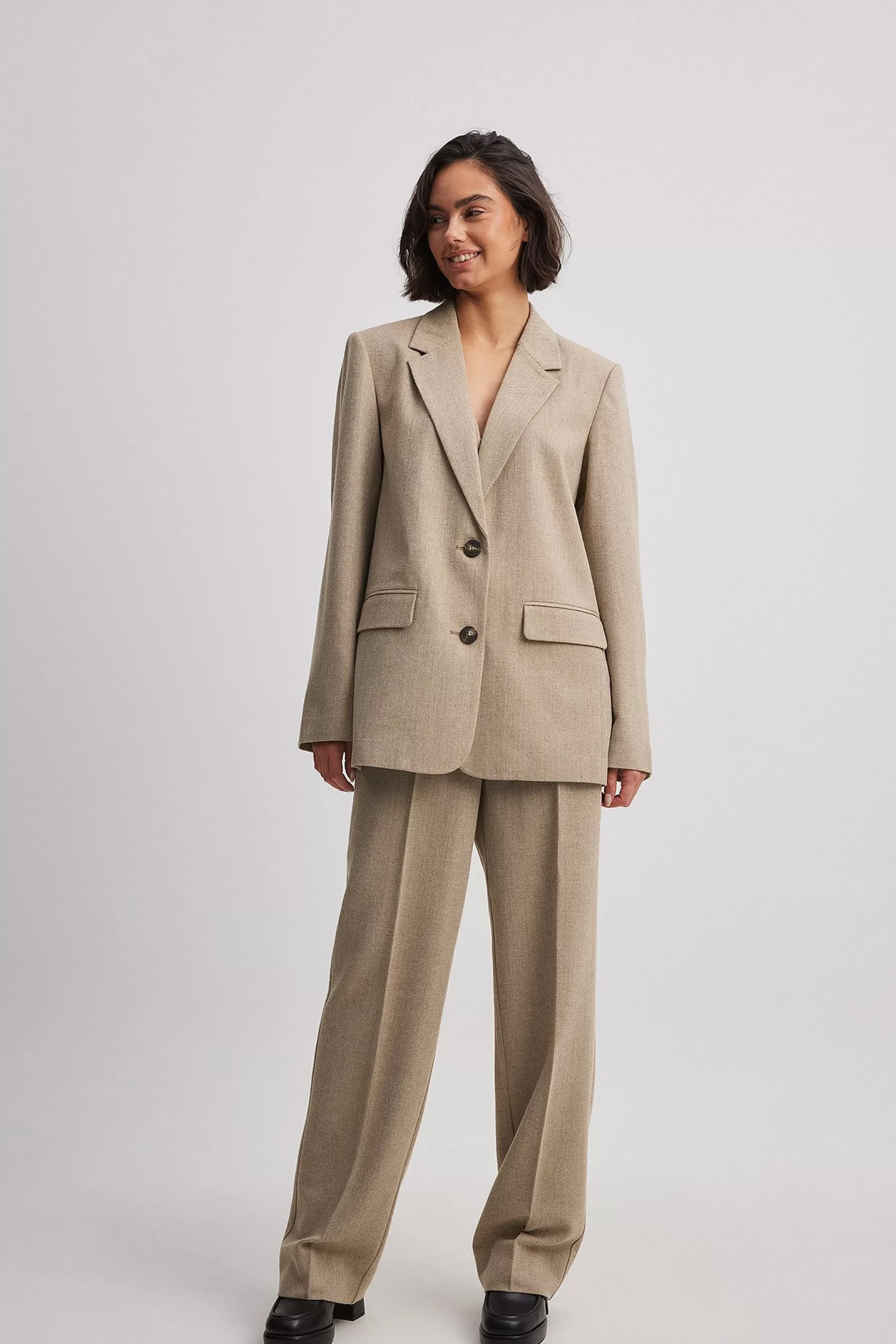 NA-KD Wool Blend Herringbone Suit Pants Beige