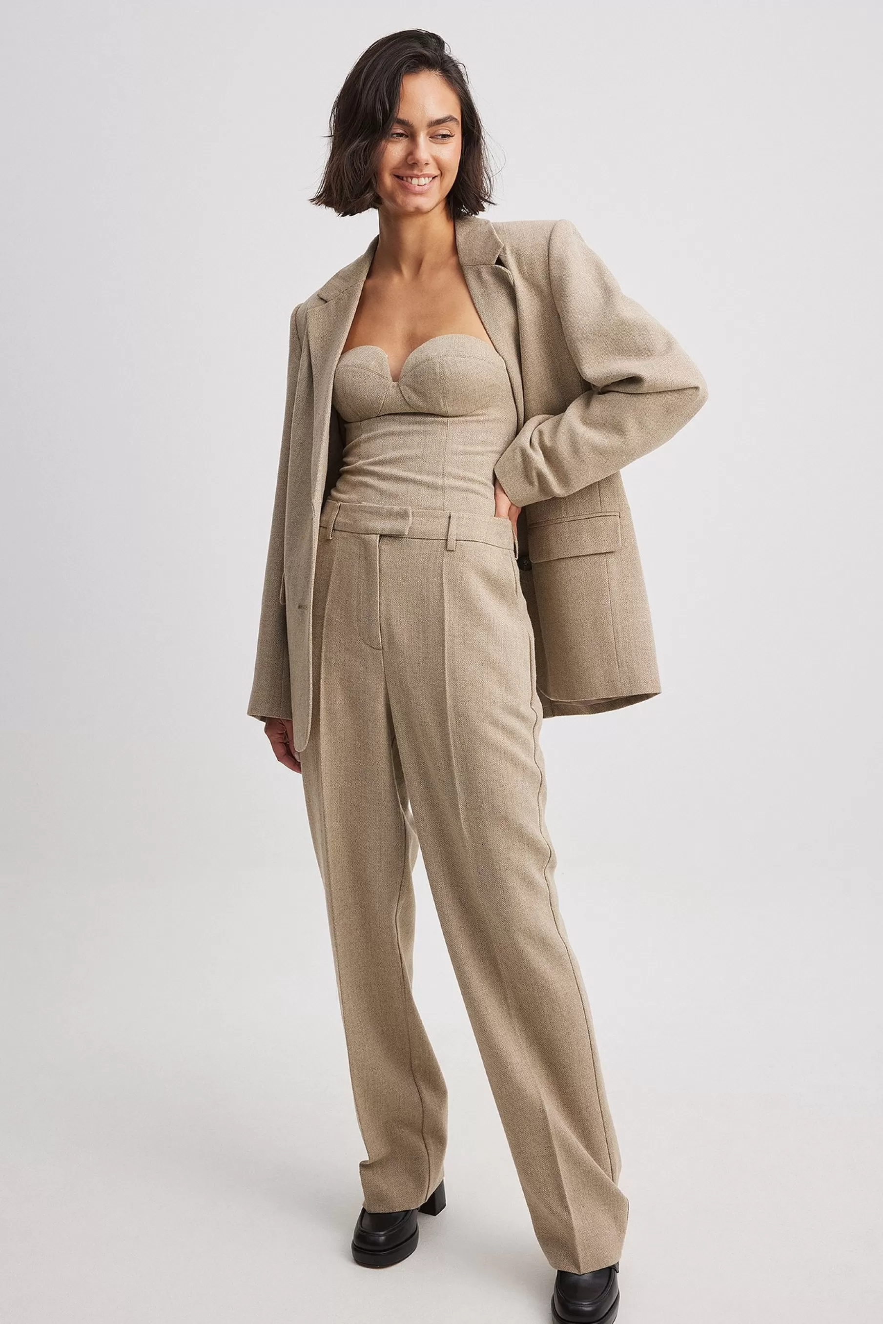 NA-KD Wool Blend Herringbone Suit Pants Beige