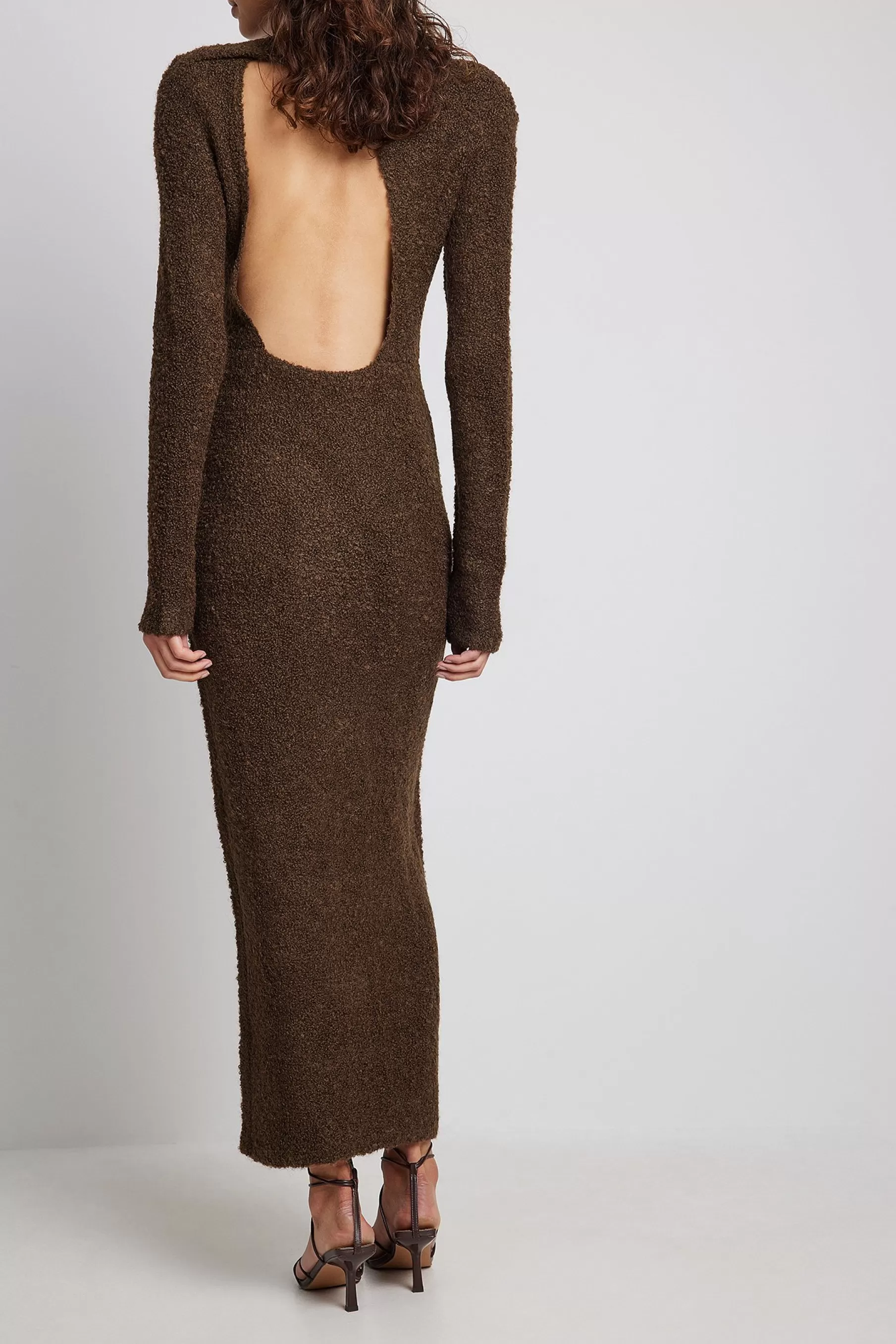 NA-KD Wool Blend Knitted Open Back Maxi Dress Brown