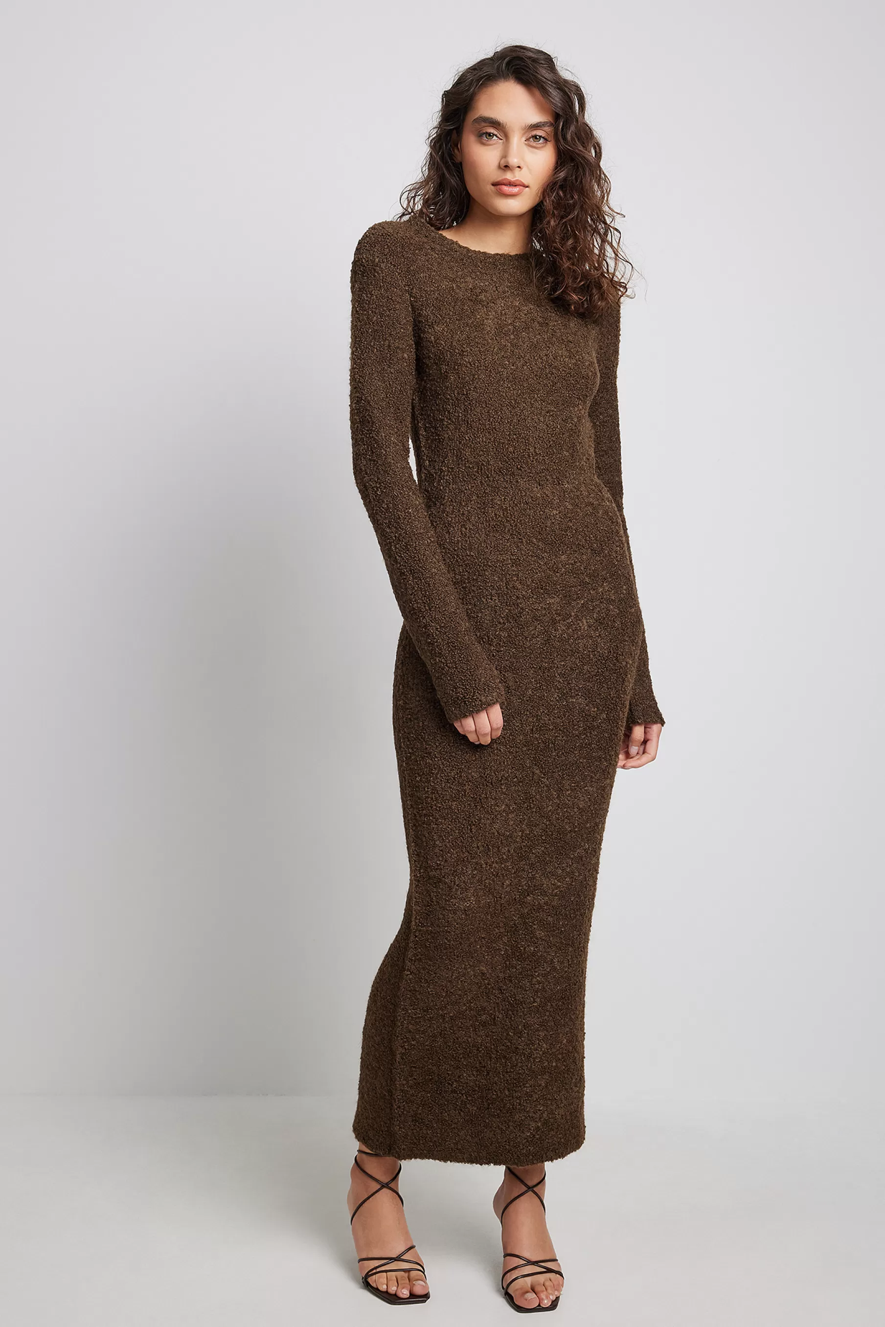 NA-KD Wool Blend Knitted Open Back Maxi Dress Brown