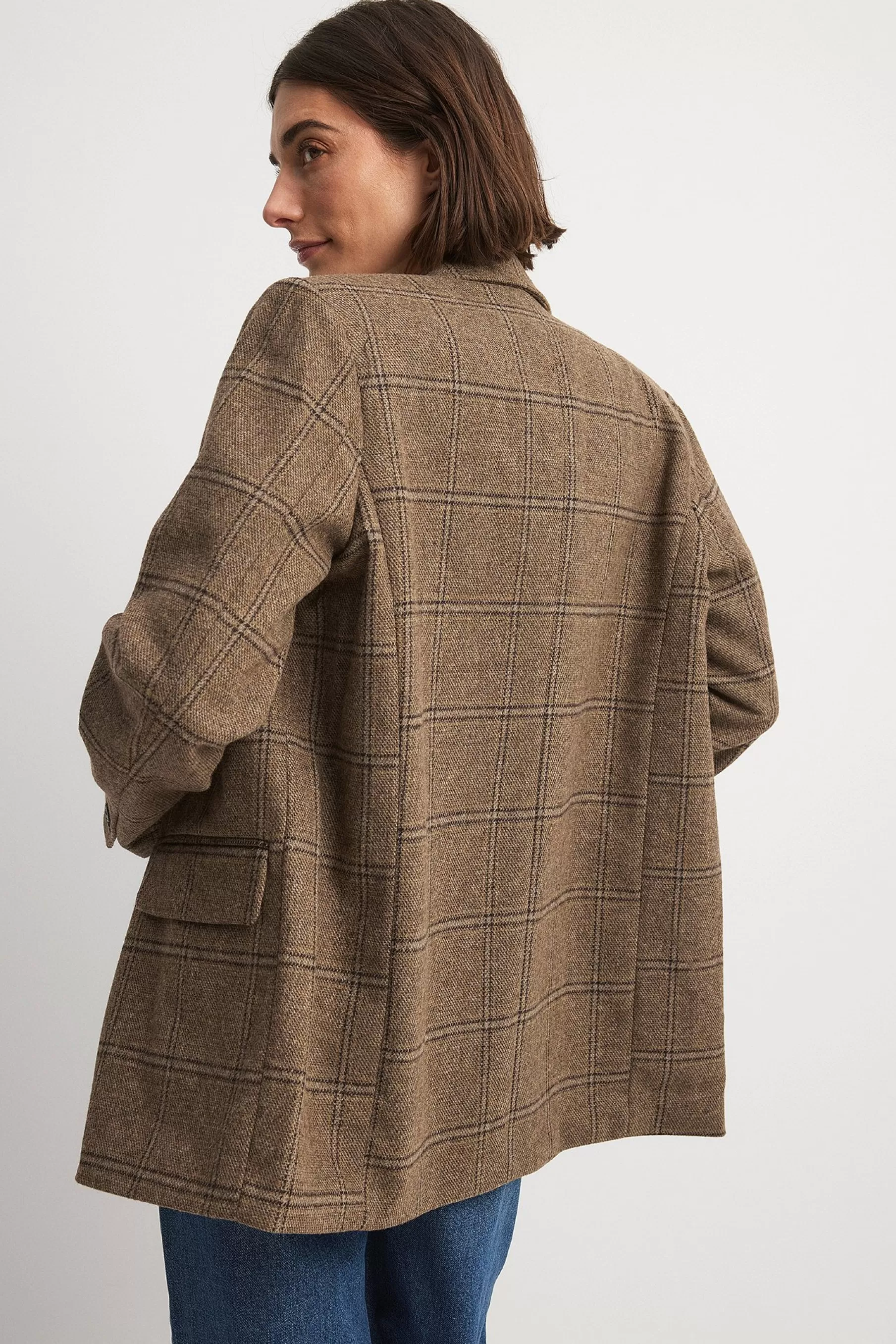 NA-KD Wool Blend Oversized Check Blazer Brown