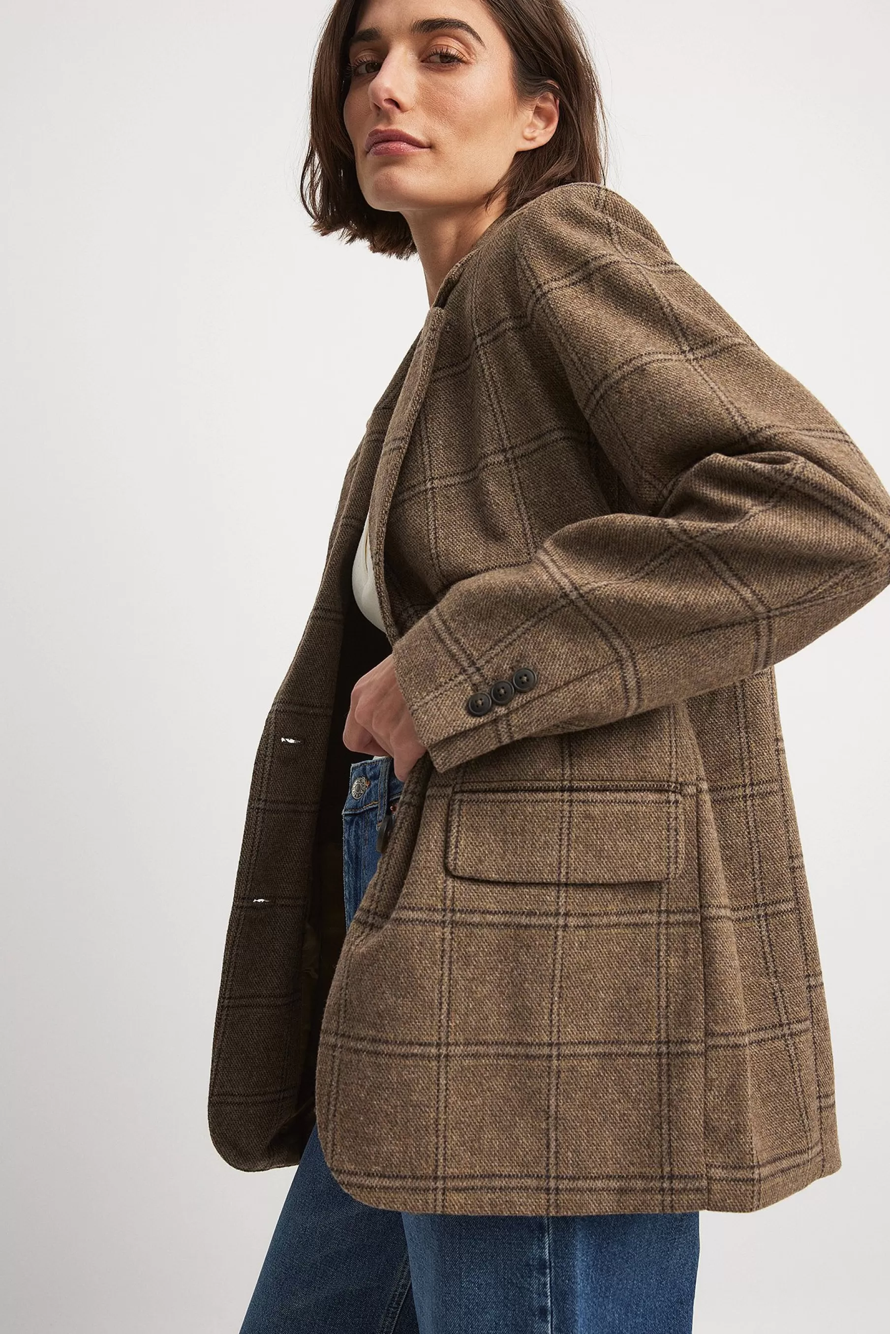 NA-KD Wool Blend Oversized Check Blazer Brown