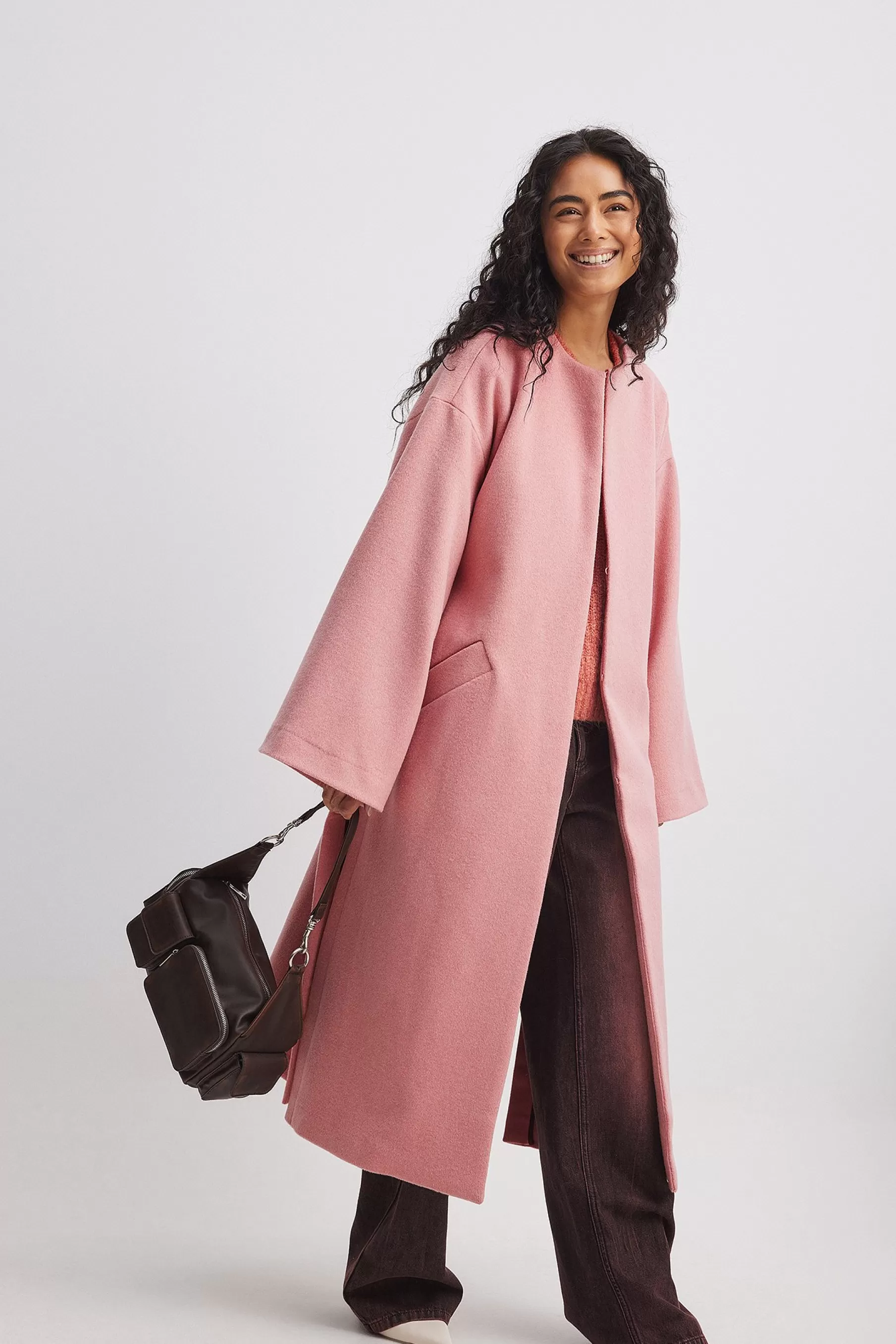 NA-KD Wool Blend Oversized Kimono Coat Pink