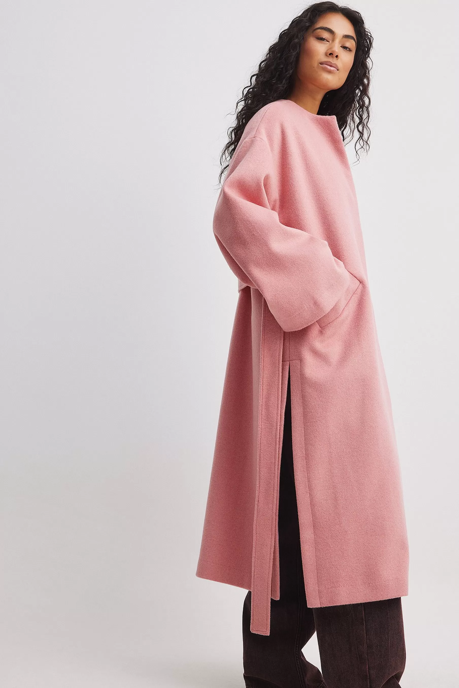 NA-KD Wool Blend Oversized Kimono Coat Pink