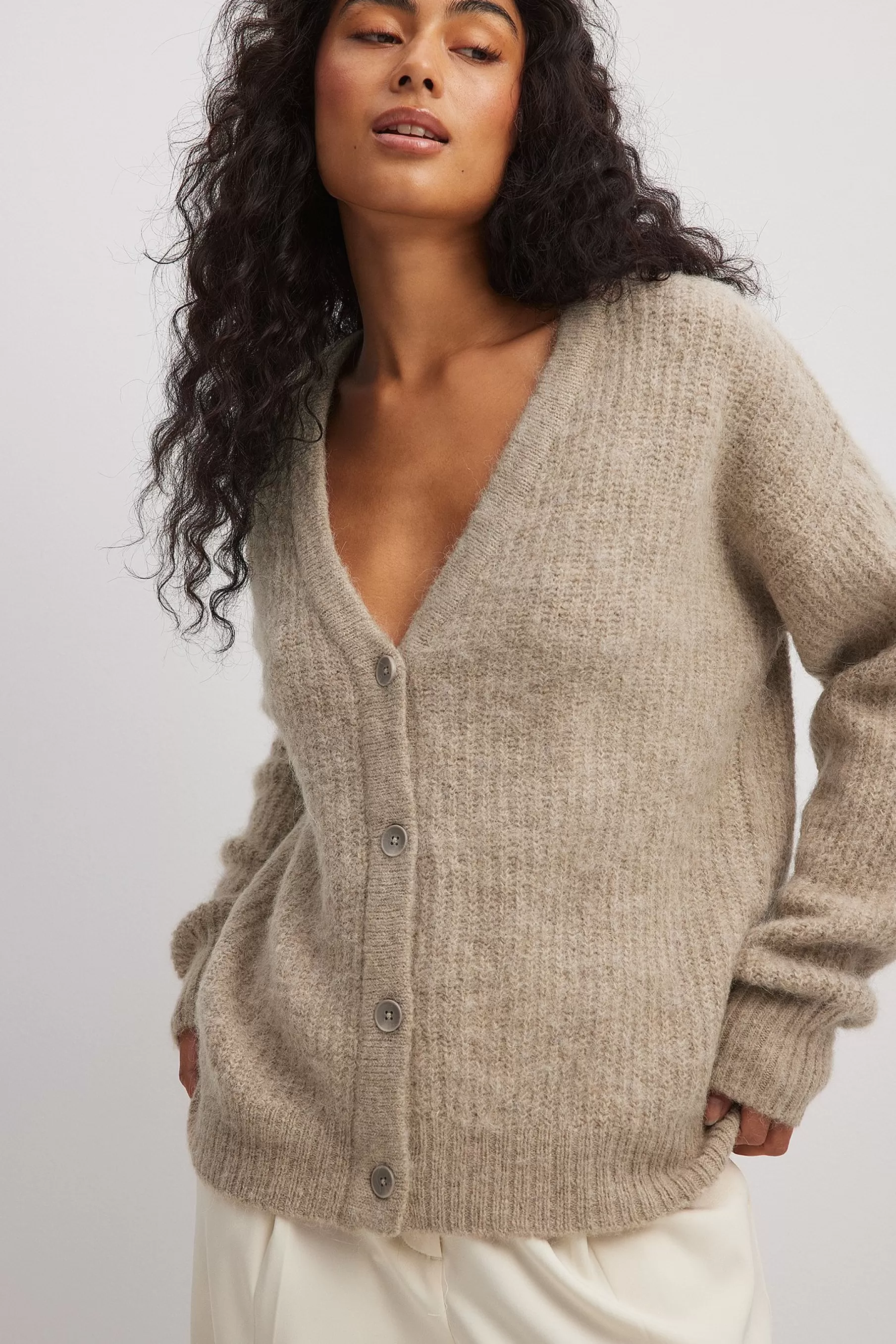 NA-KD Wool Blend Oversized V-neck Cardigan Beige